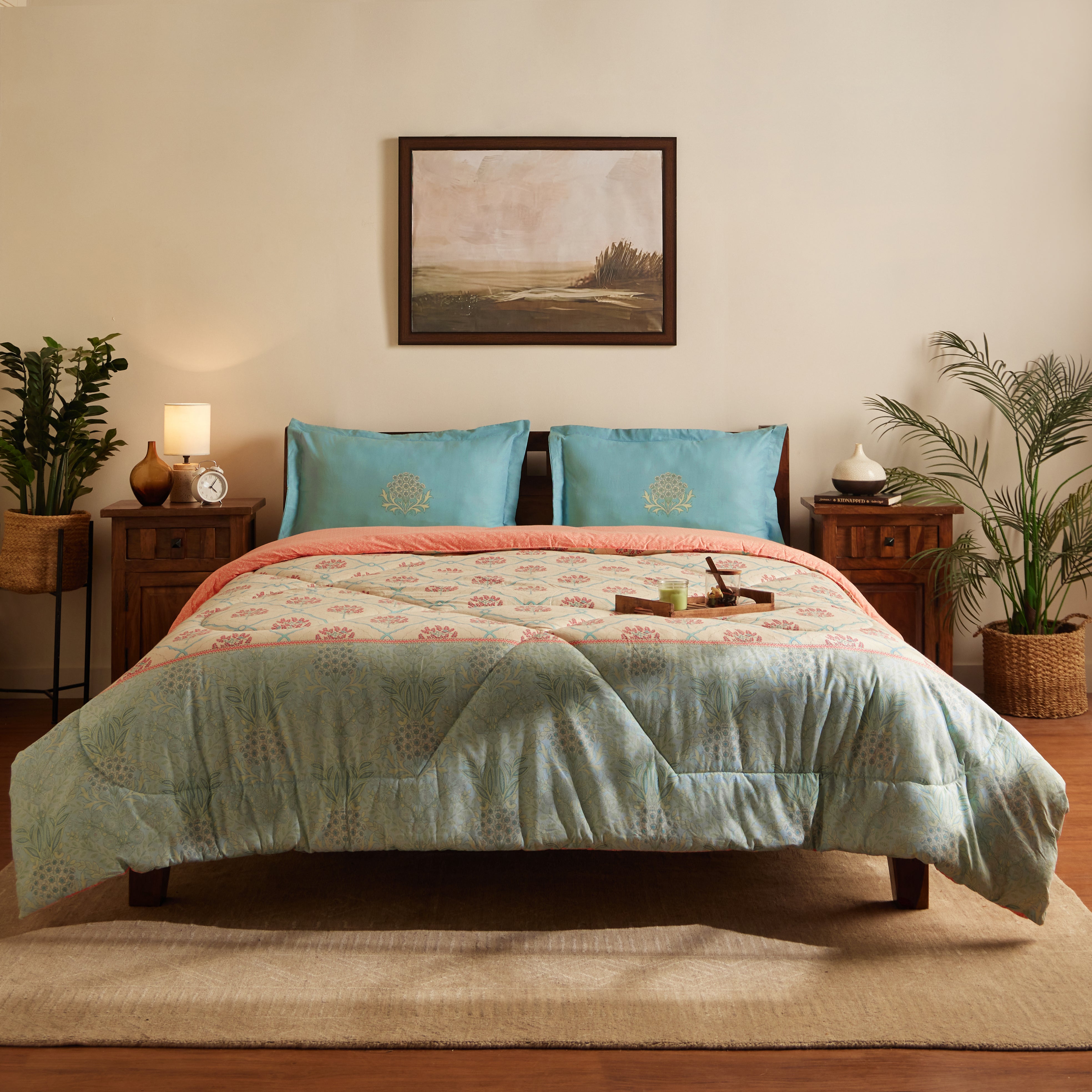 Chippa Lane | Contemporary Indian Print Design Coordinated Bedding Set | Set of Bedsheet & Comforter-Sage Bloom Sage Bloom / Double