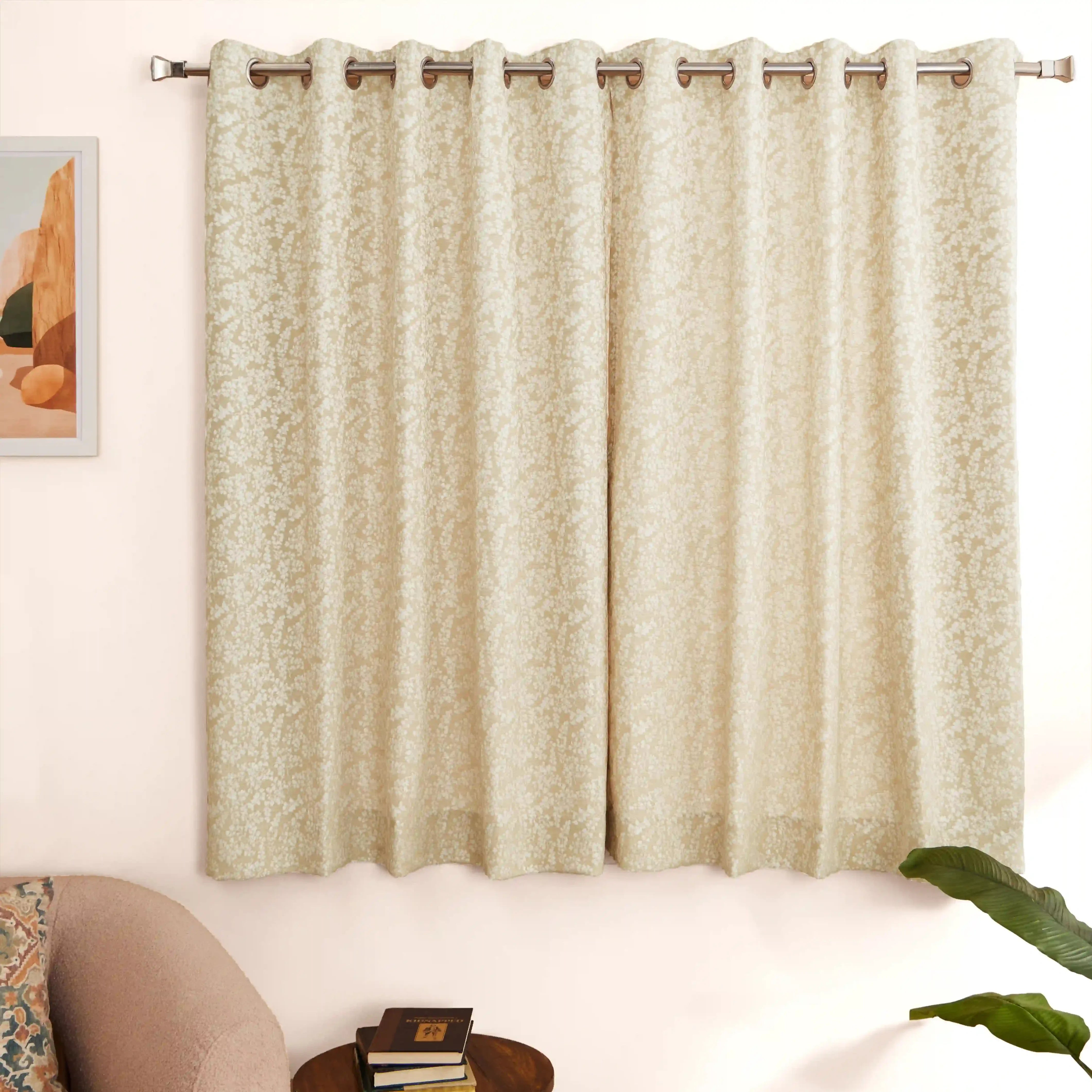 De Jacquard - Luxe Set Of 2 Jacquard Readymade Curtains | Monochrome Flora Sand / Window (5ft X 4.4ft)
