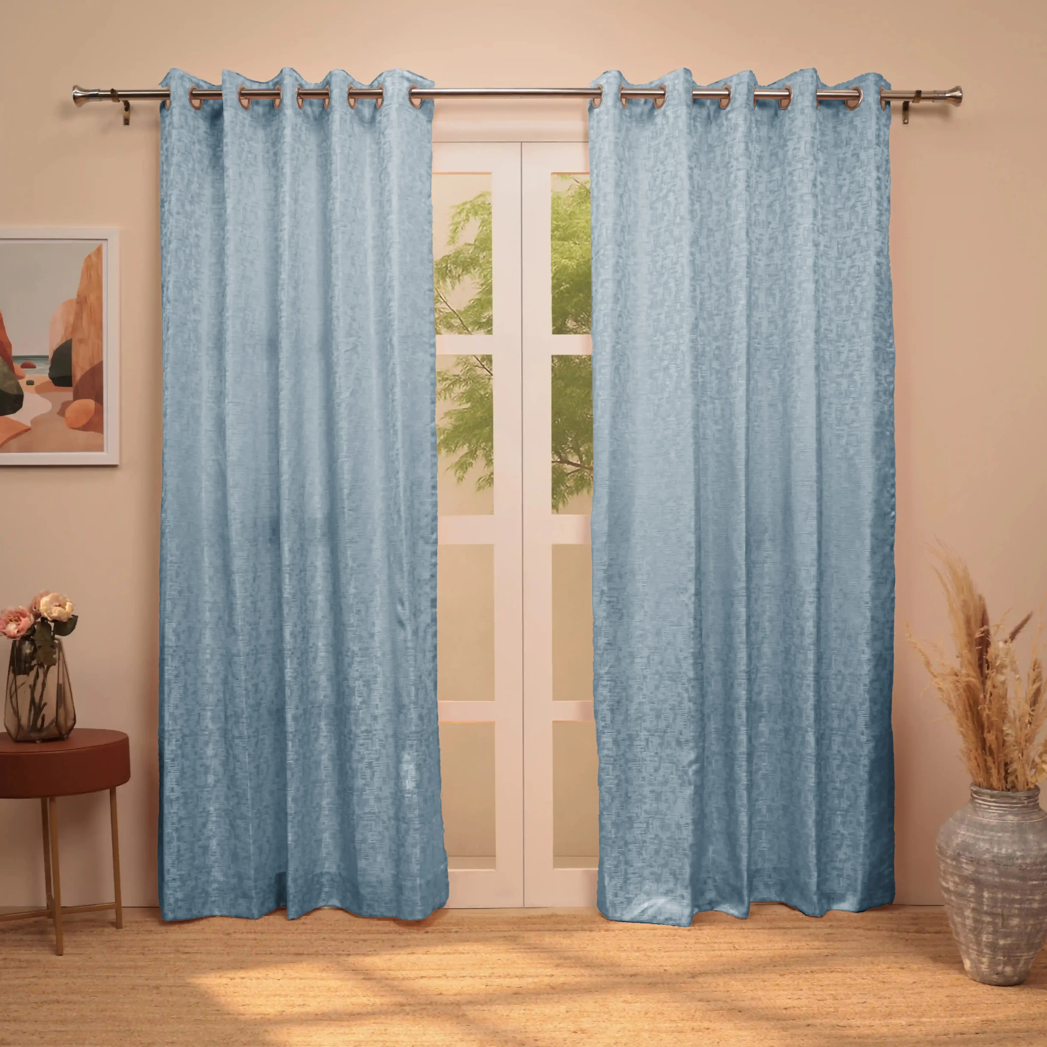 De Jacquard - Classic Set Of 2 Jacquard Readymade Curtains | Textured tales Ocean Haze / Door (7ft X 4.4ft)
