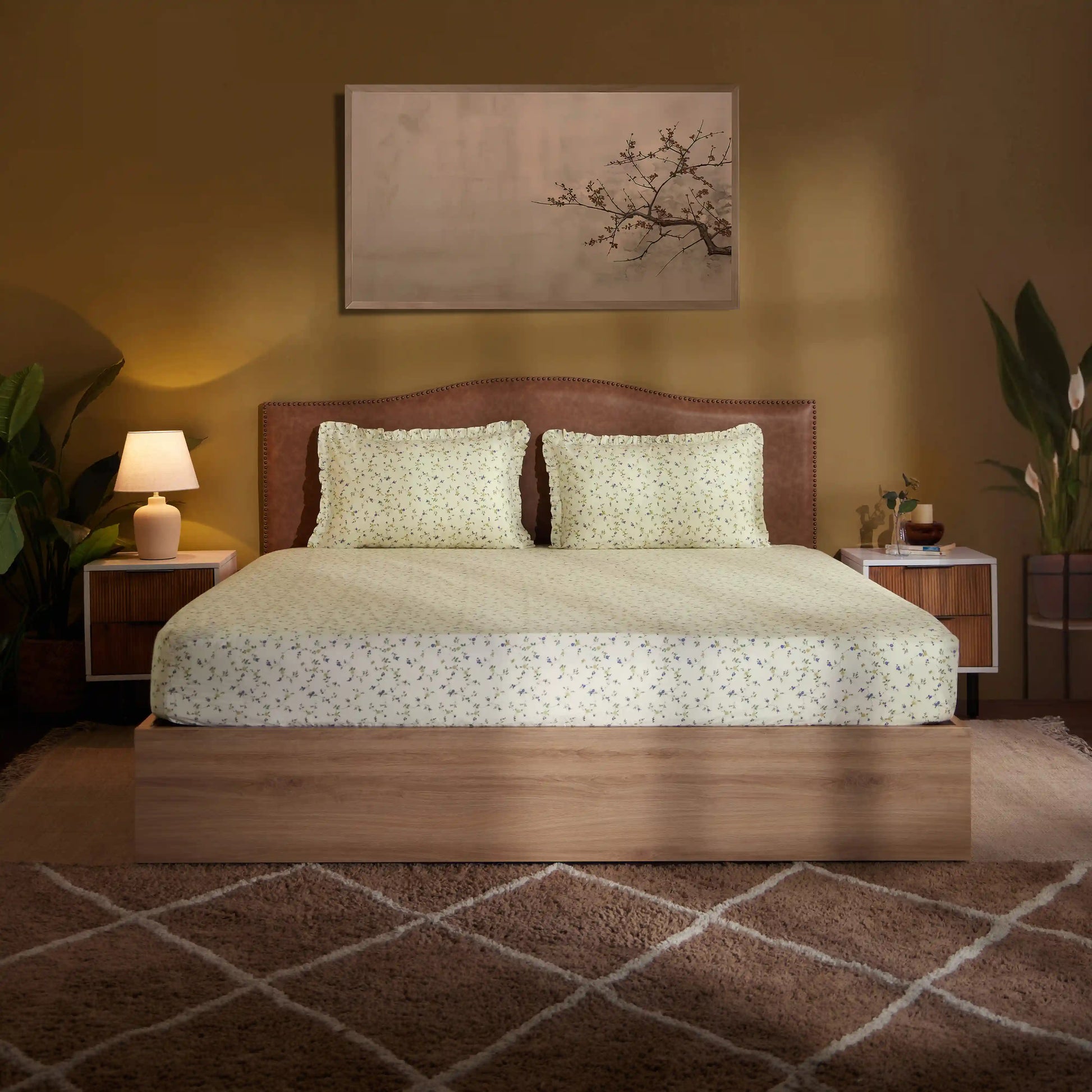 Bloomshire Luxe Printed Fitted Sheet Set-Cream Bloom Cream Bloom / King