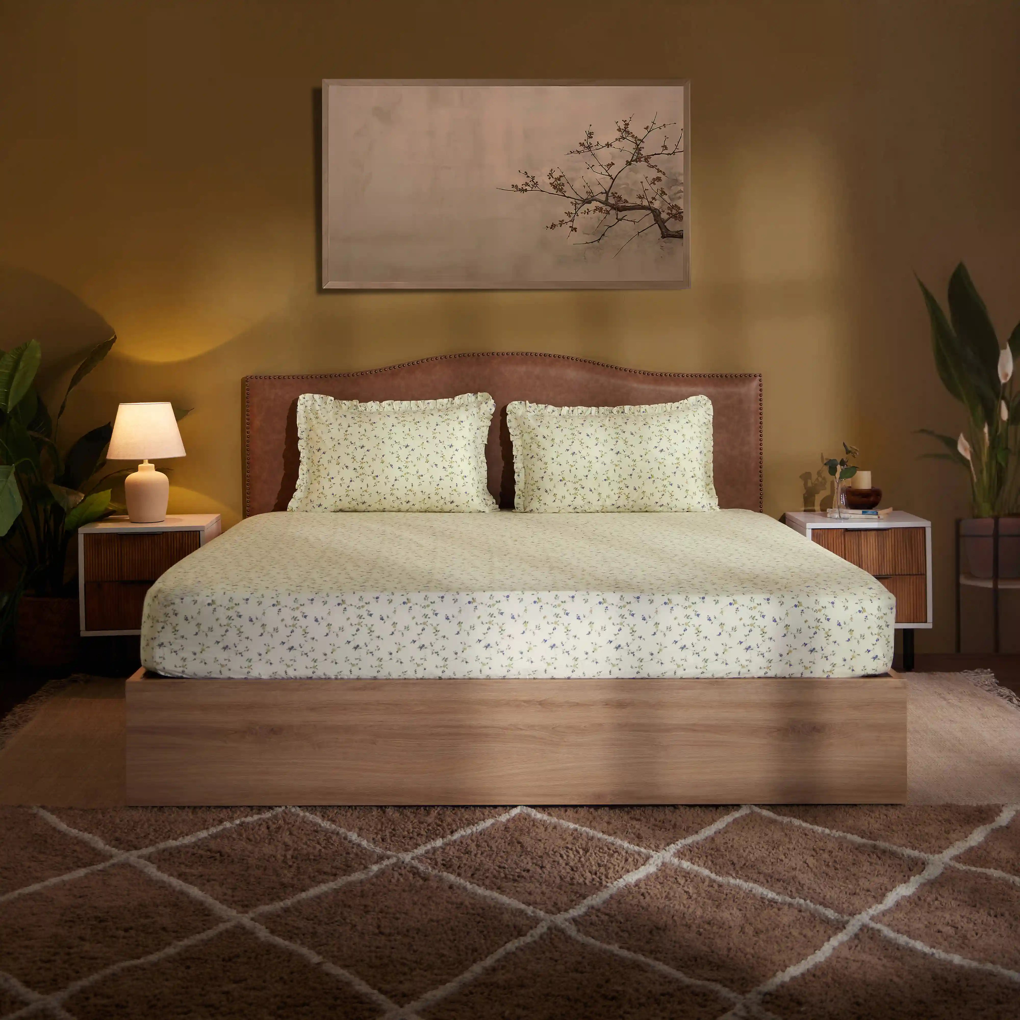 Bloomshire Luxe Printed Fitted Sheet Set-Cream Bloom Cream Bloom / King