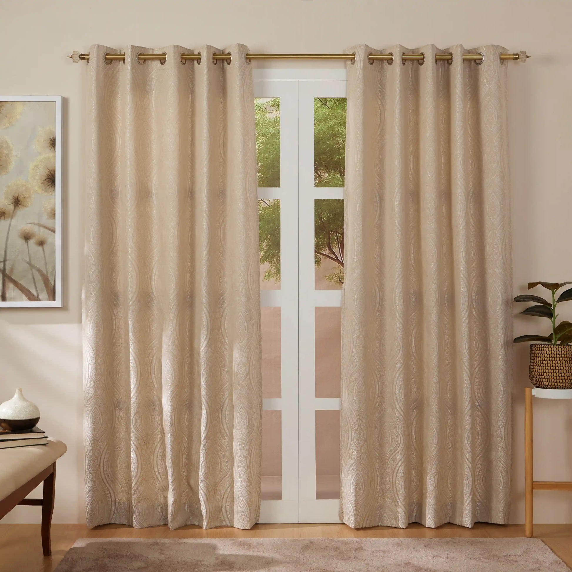 De Jacquard - Luxe Set Of 2 Jacquard Readymade Curtains | Royal Mirage Oak Brown / Door-XL (9ft X 4.4ft)