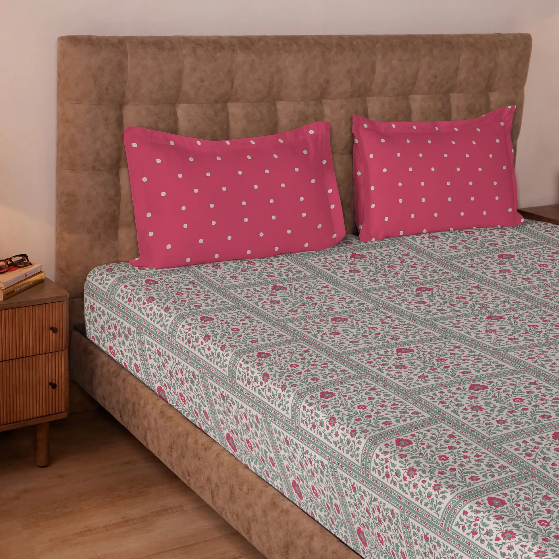 Aangan Weaves | Ethnic Printed Cotton Bedsheet Set - Indian Pink Indian Pink / Queen