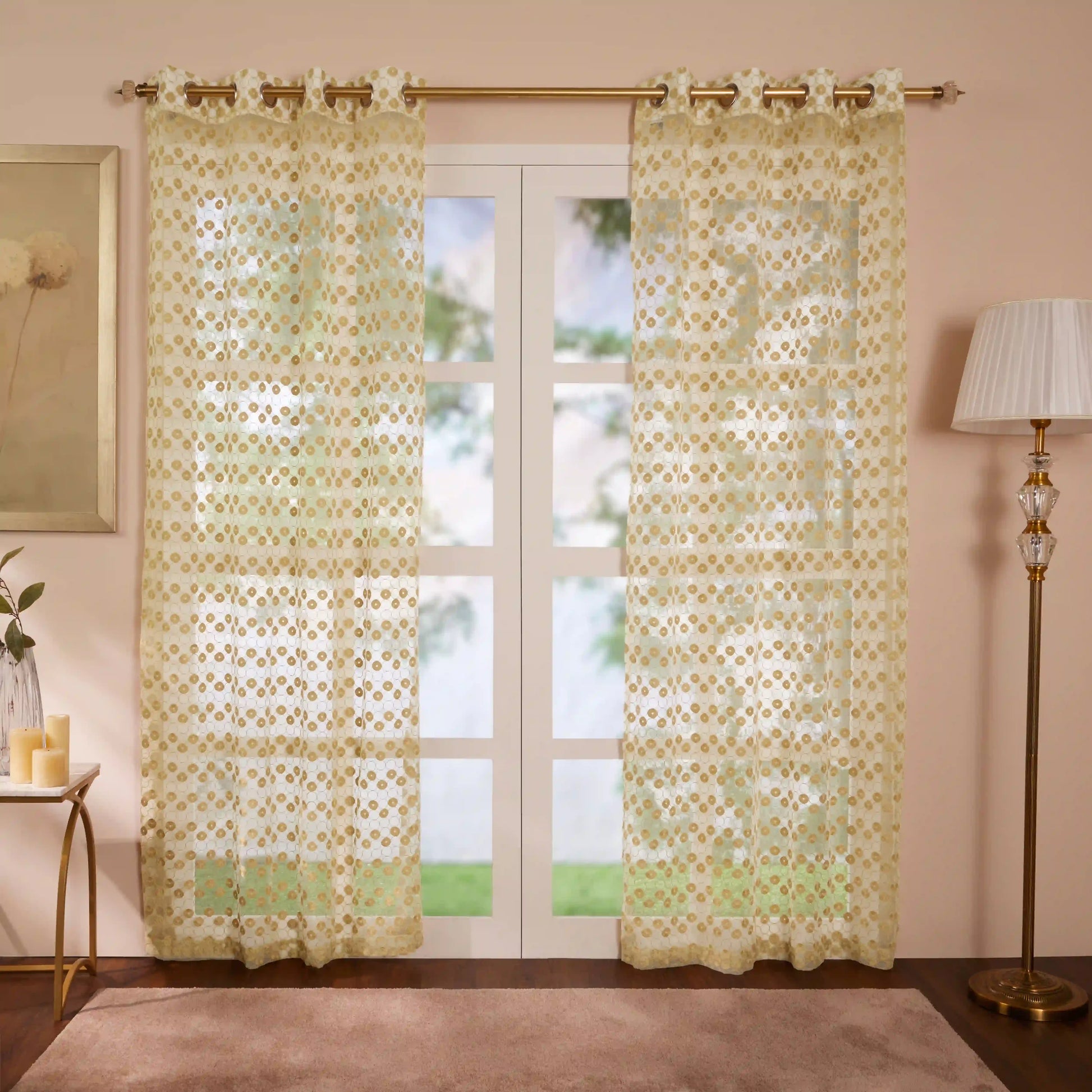 Velina Set Of 2 Embroidered Sheer Readymade Curtains | Beyond Circles Golden Ivory / Door (3.60ft X 7.22ft)
