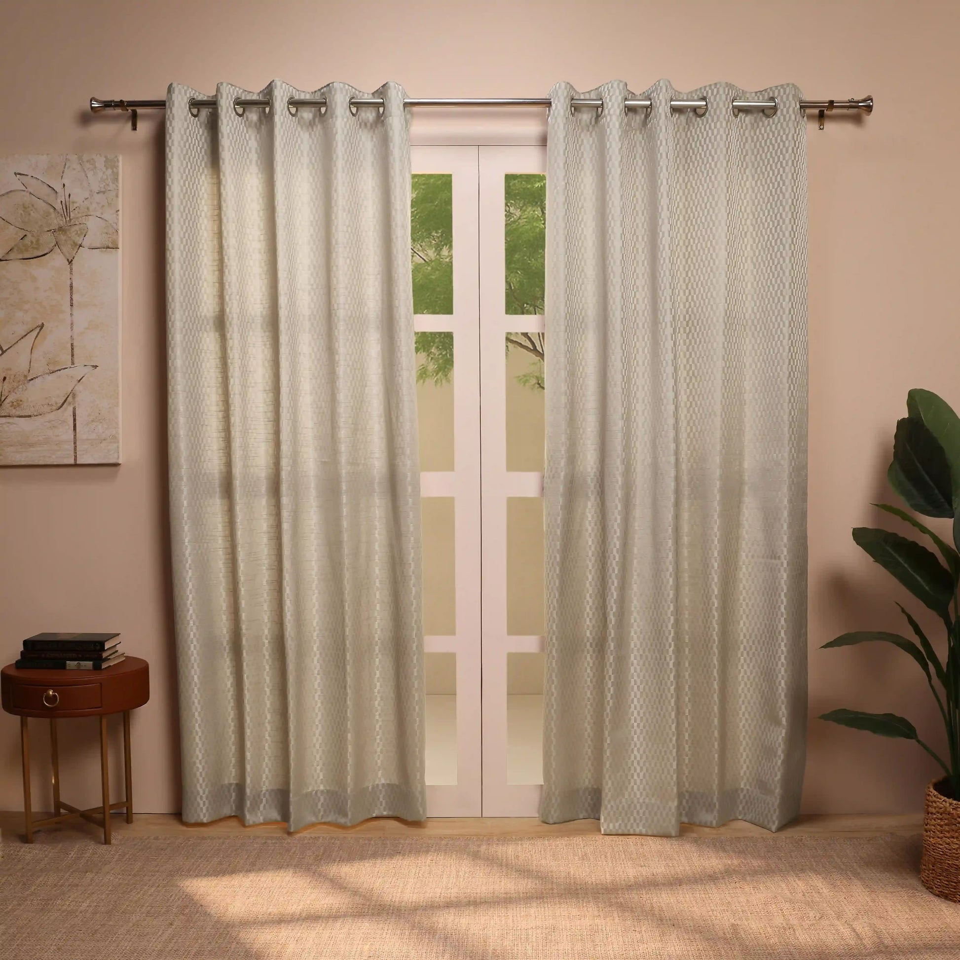 De Jacquard - Classic Set Of 2 Jacquard Readymade Curtains | Rolling Rhythm Silver / Door (7ft X 4.4ft)