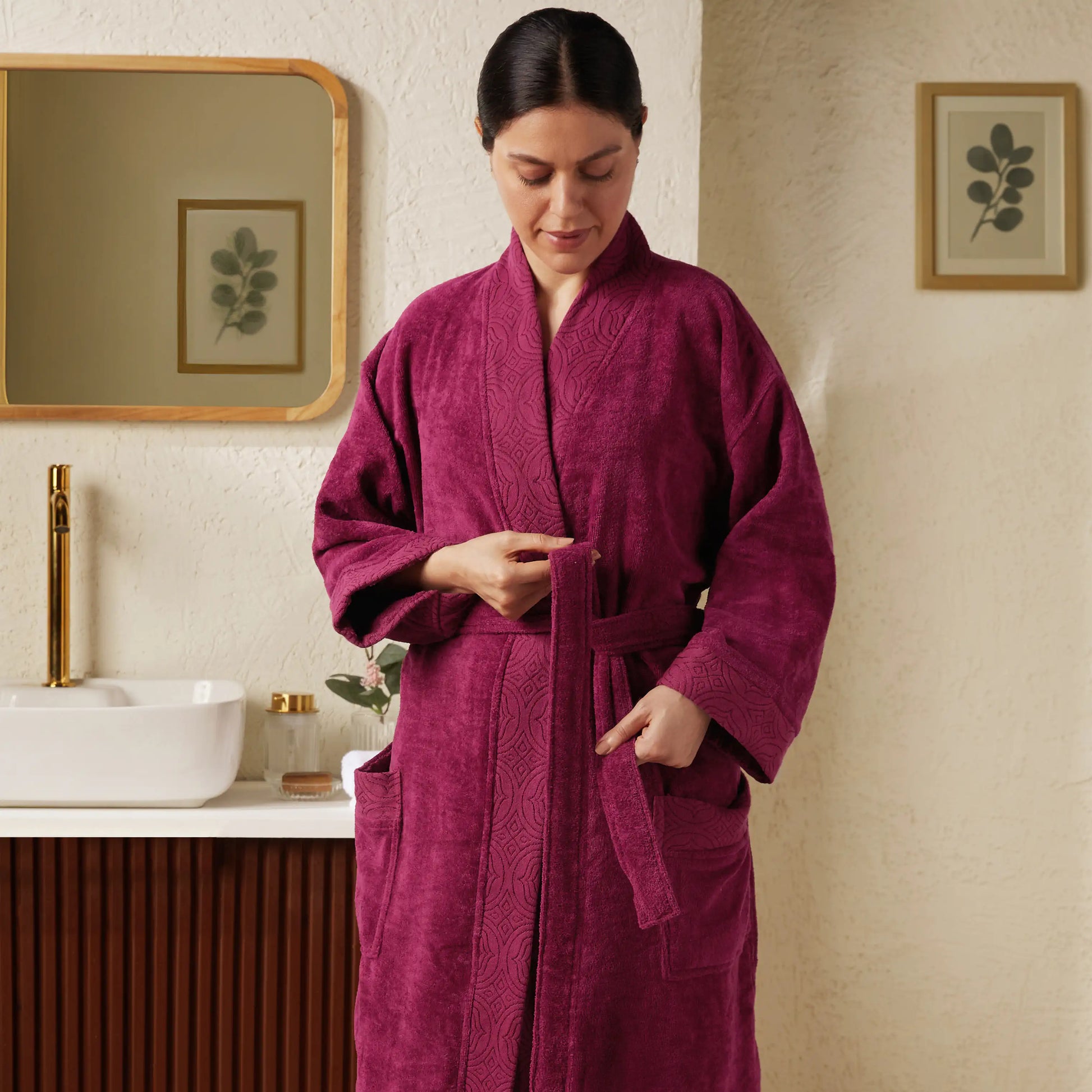 De Jacquard 100% Cotton Bathrobe Maroon / Medium