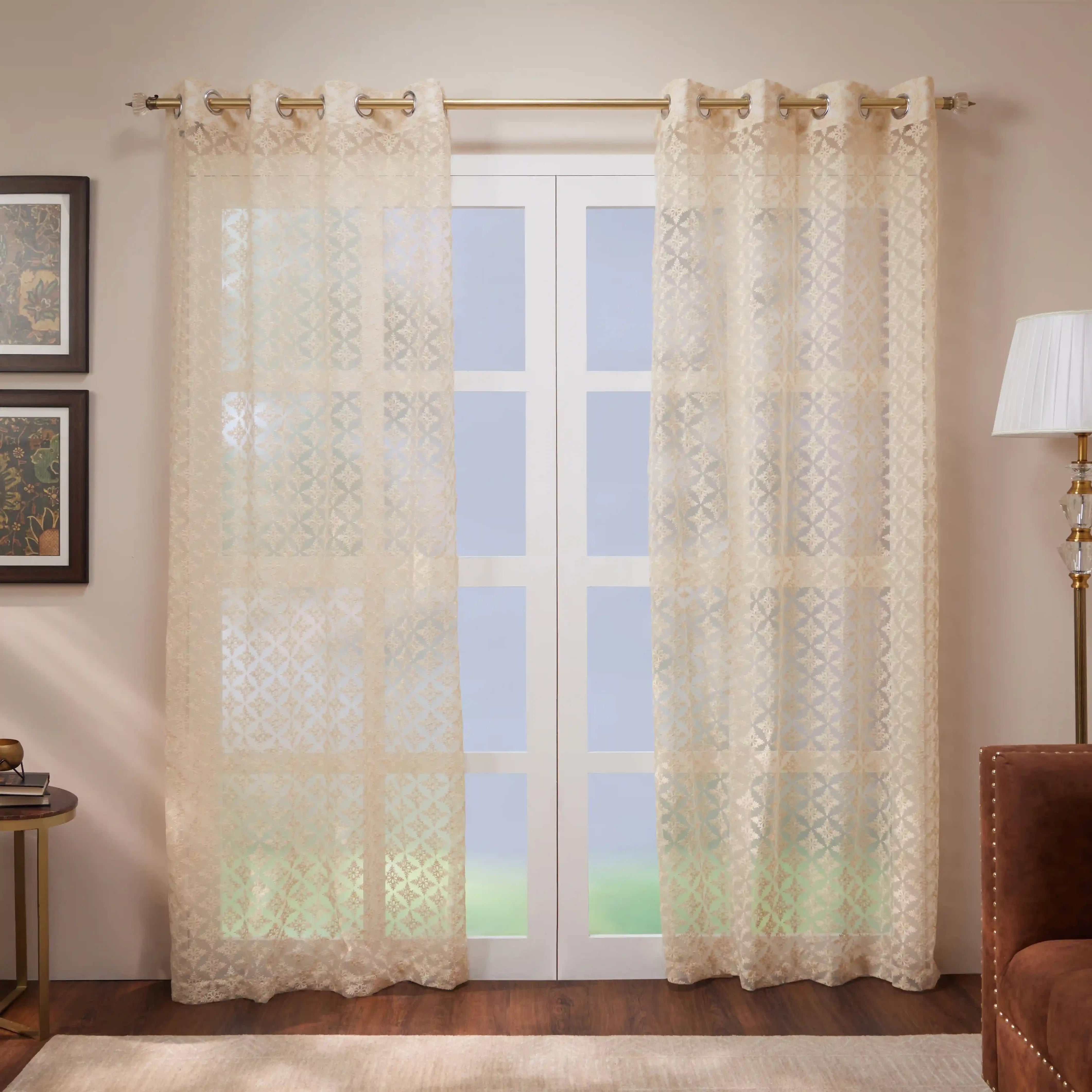 Velina Set Of 2 Embroidered Sheer Readymade Curtains | Royal Jharokha Vanilla Cream / Door (3.60ft X 7.22ft)