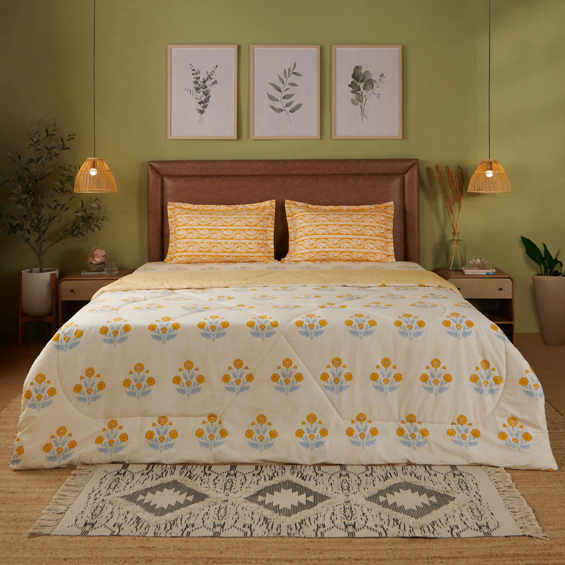 Chippa Lane | Contemporary Indian Print Design Coordinated Bedding Set | Set of Bedsheet & Comforter-Ochre Ochre / Double