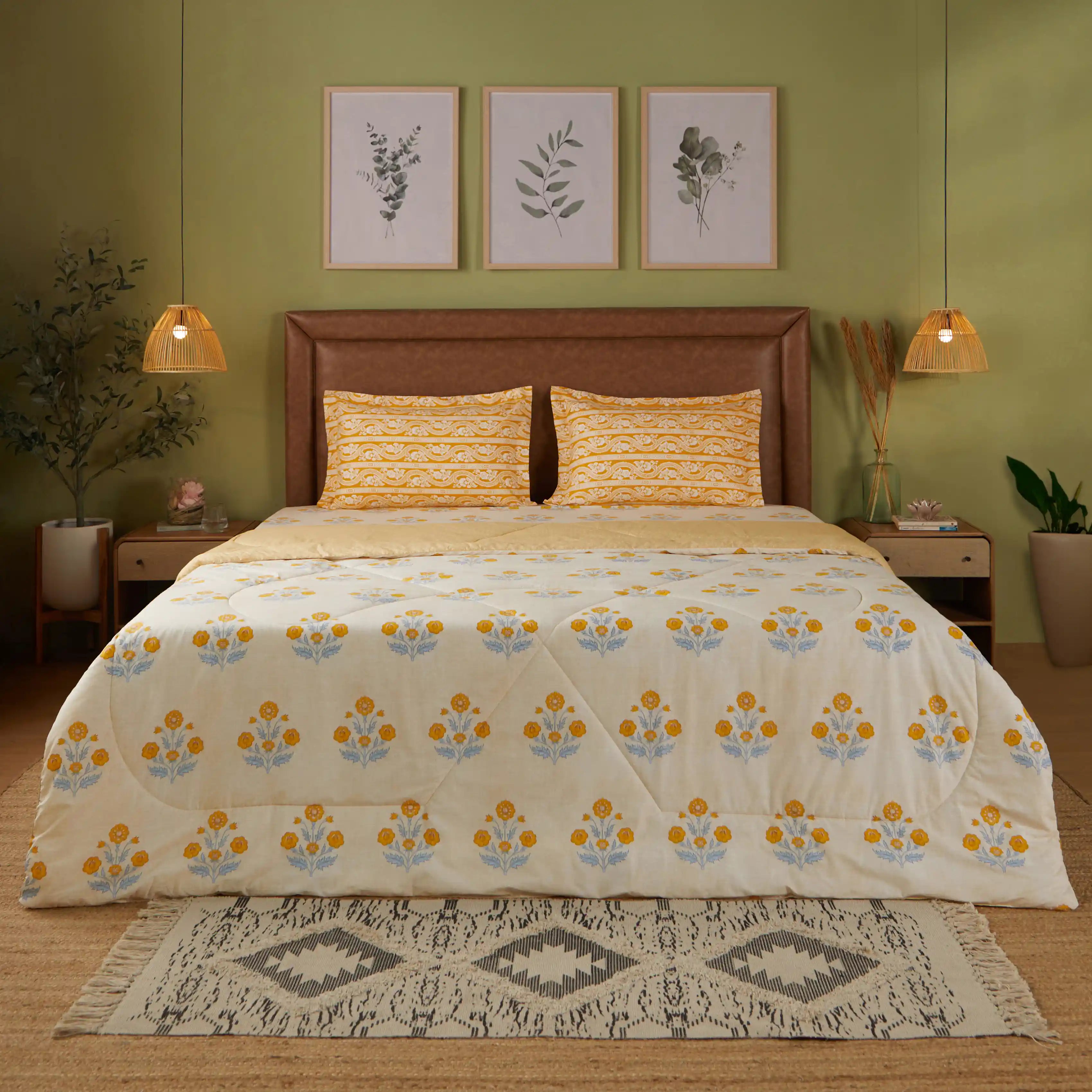 Chippa Lane | Contemporary Indian Print Design Coordinated Bedding Set | Set of Bedsheet & Comforter-Ochre Ochre / Double