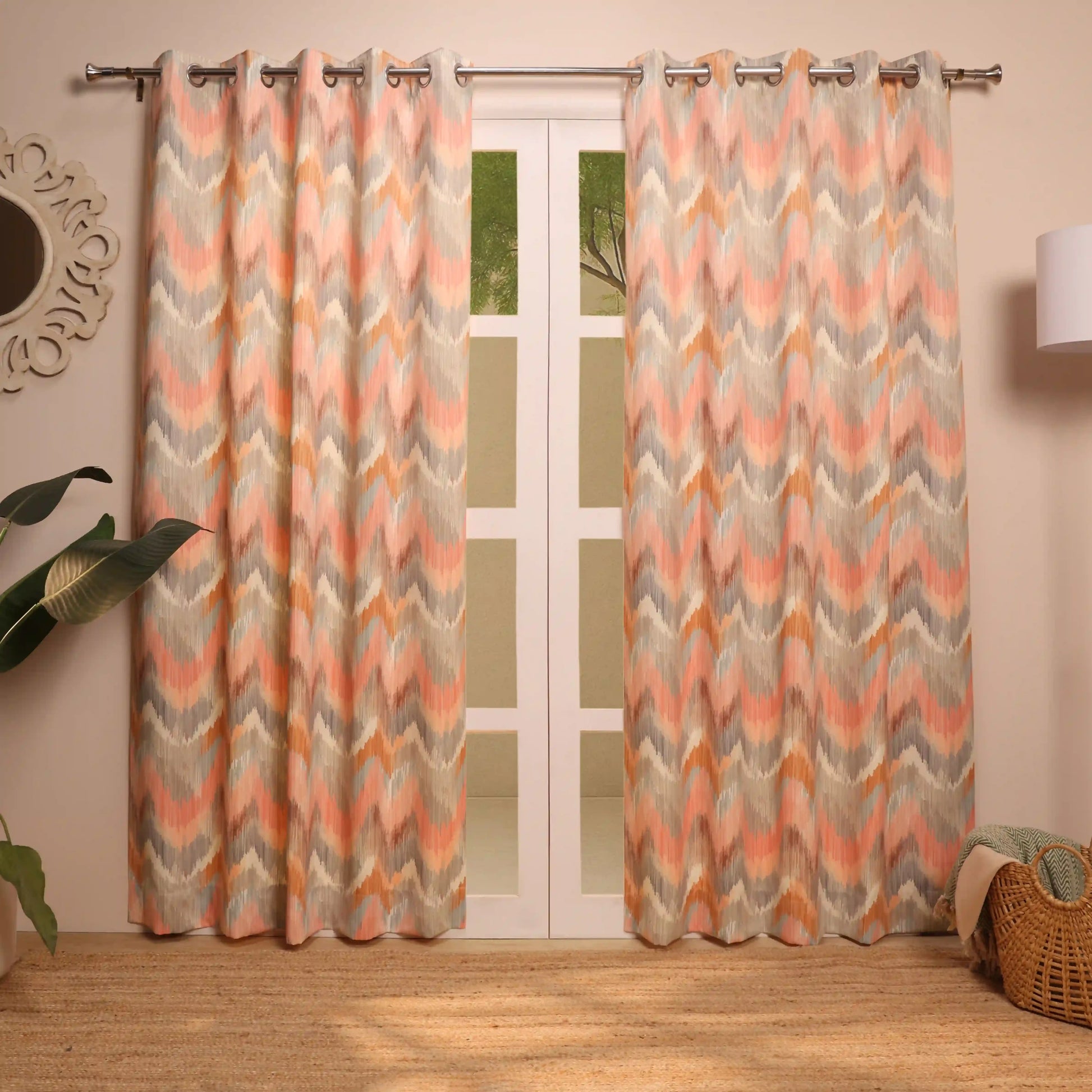 Bloomshire Classic Set Of 2 Printed Readymade Curtains | Modern Ikat Rusty Rose / Door (7ft X 4.4ft)
