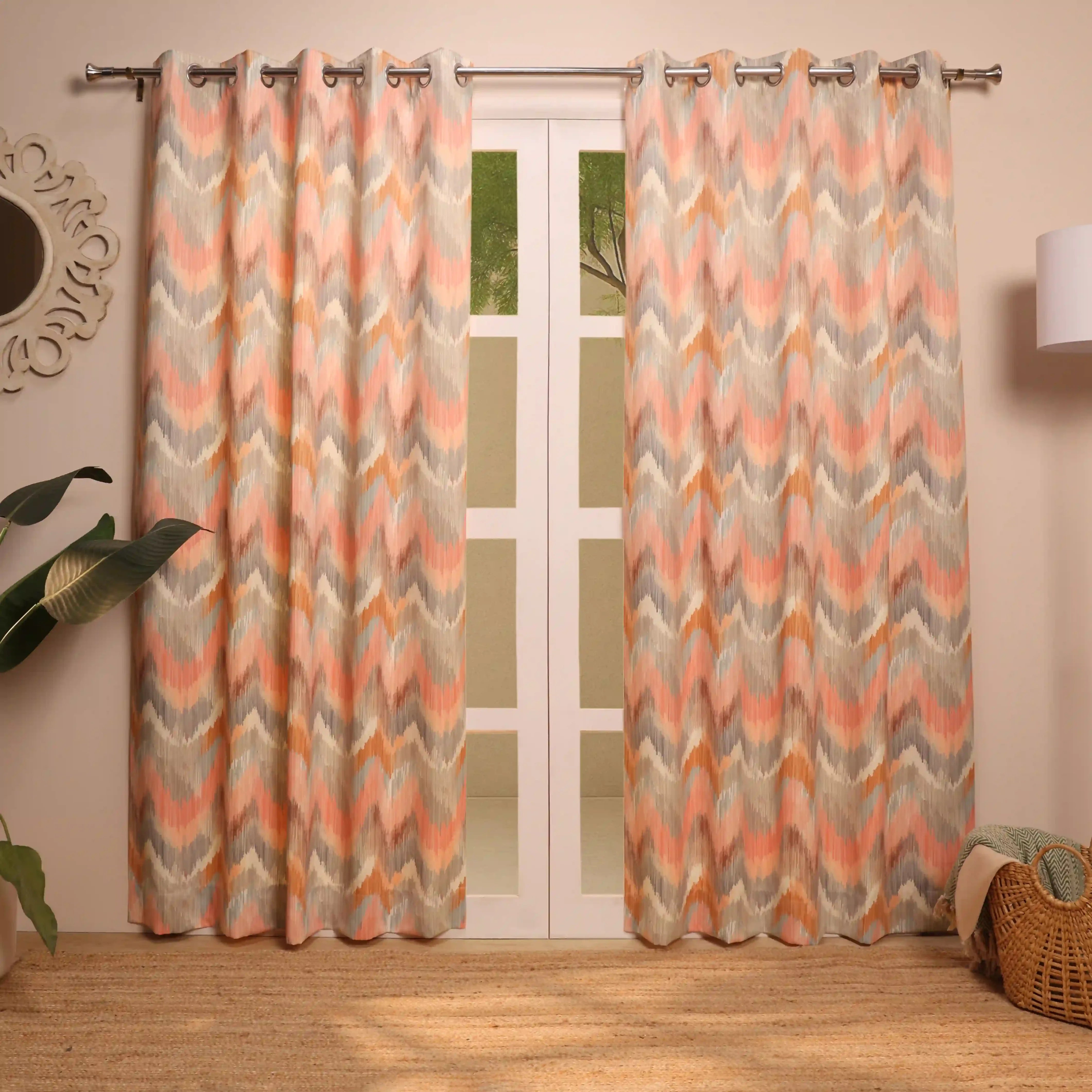 Bloomshire Classic Set Of 2 Printed Readymade Curtains | Modern Ikat Rusty Rose / Door (7ft X 4.4ft)