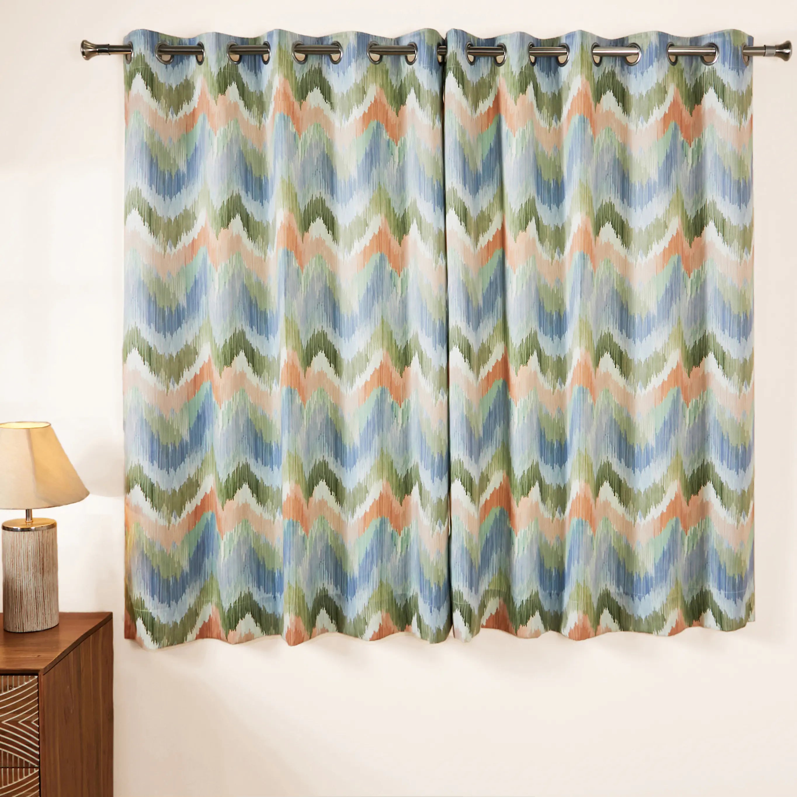 Bloomshire Classic Set Of 2 Printed Readymade Curtains | Modern Ikat Indigo / Window (5ft X 4.4ft)