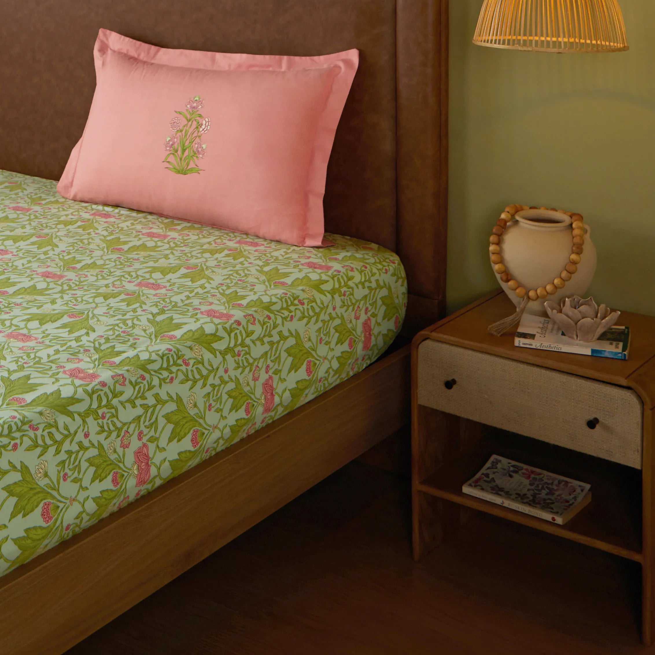Chippa Lane | Contemporary Indian Print Design Cotton Bedsheet Set-Sage Mint Sage Mint / Single