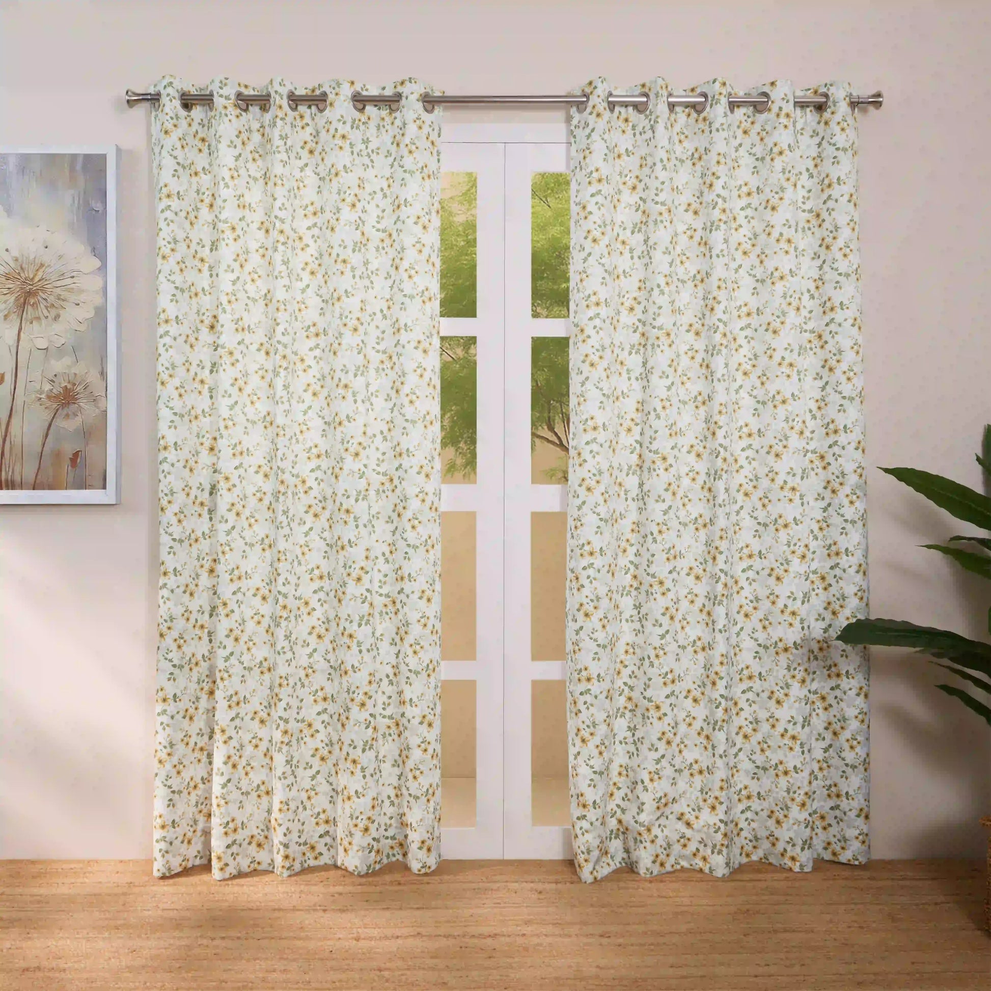 Bloomshire Classic Set Of 2 Printed Readymade Curtains | Blooming Tales Pistachio / Door (7ft X 4.4ft)