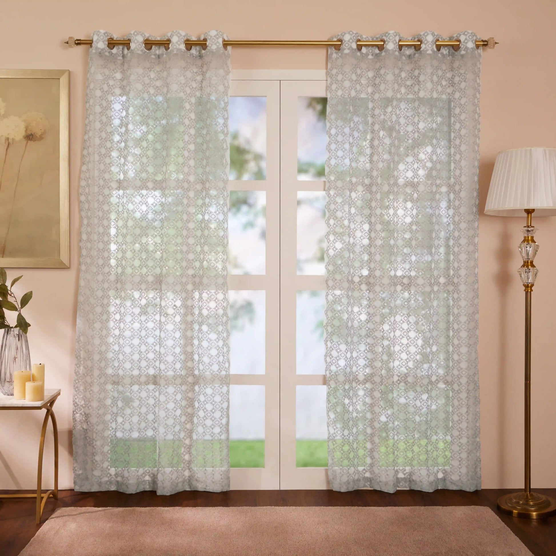 Velina Set Of 2 Embroidered Sheer Readymade Curtains | Modern Heritage Urban Slate / Door (3.60ft X 7.22ft)