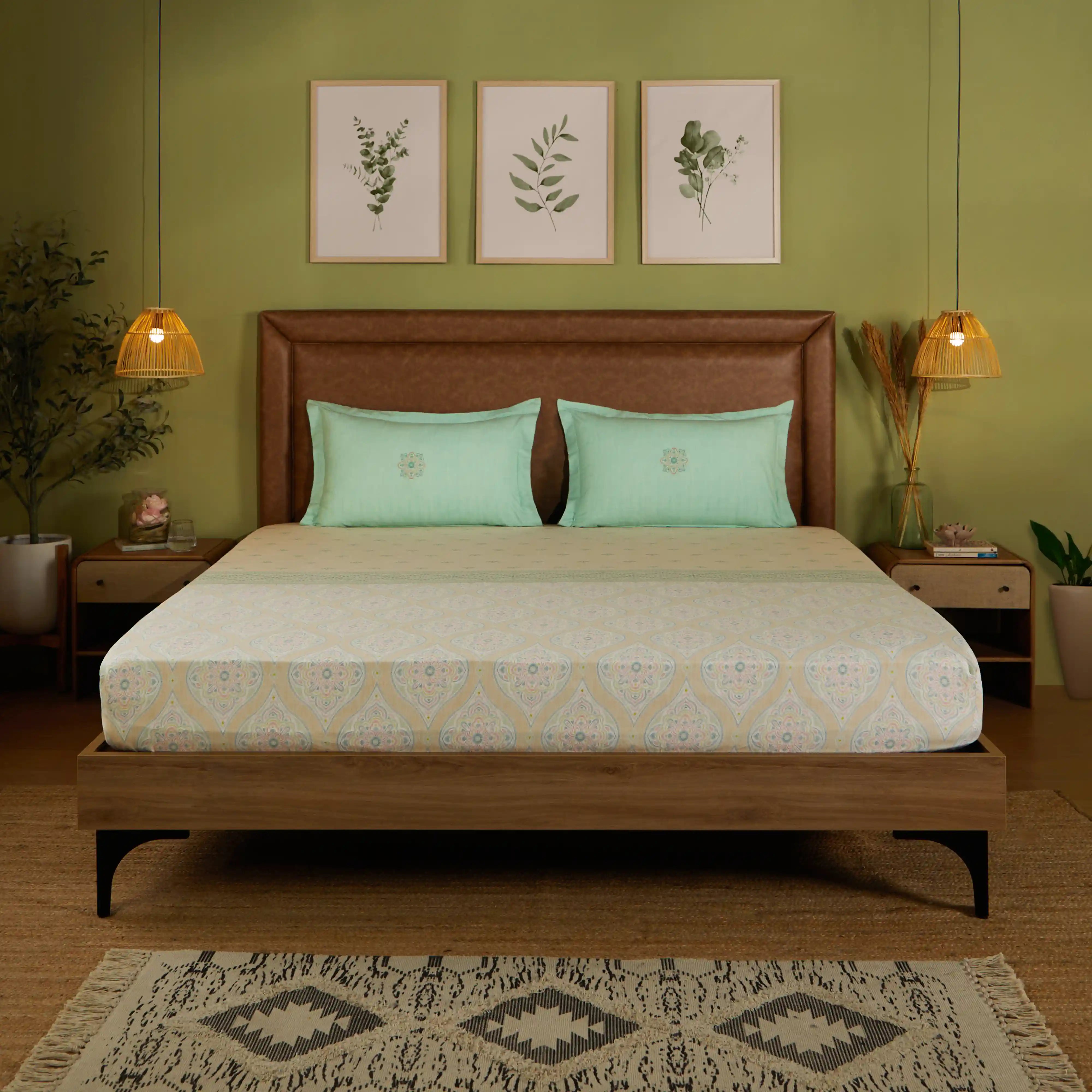 Chippa Lane | Contemporary Indian Print Design Cotton Fitted Sheet Set-Sage Sage / Queen