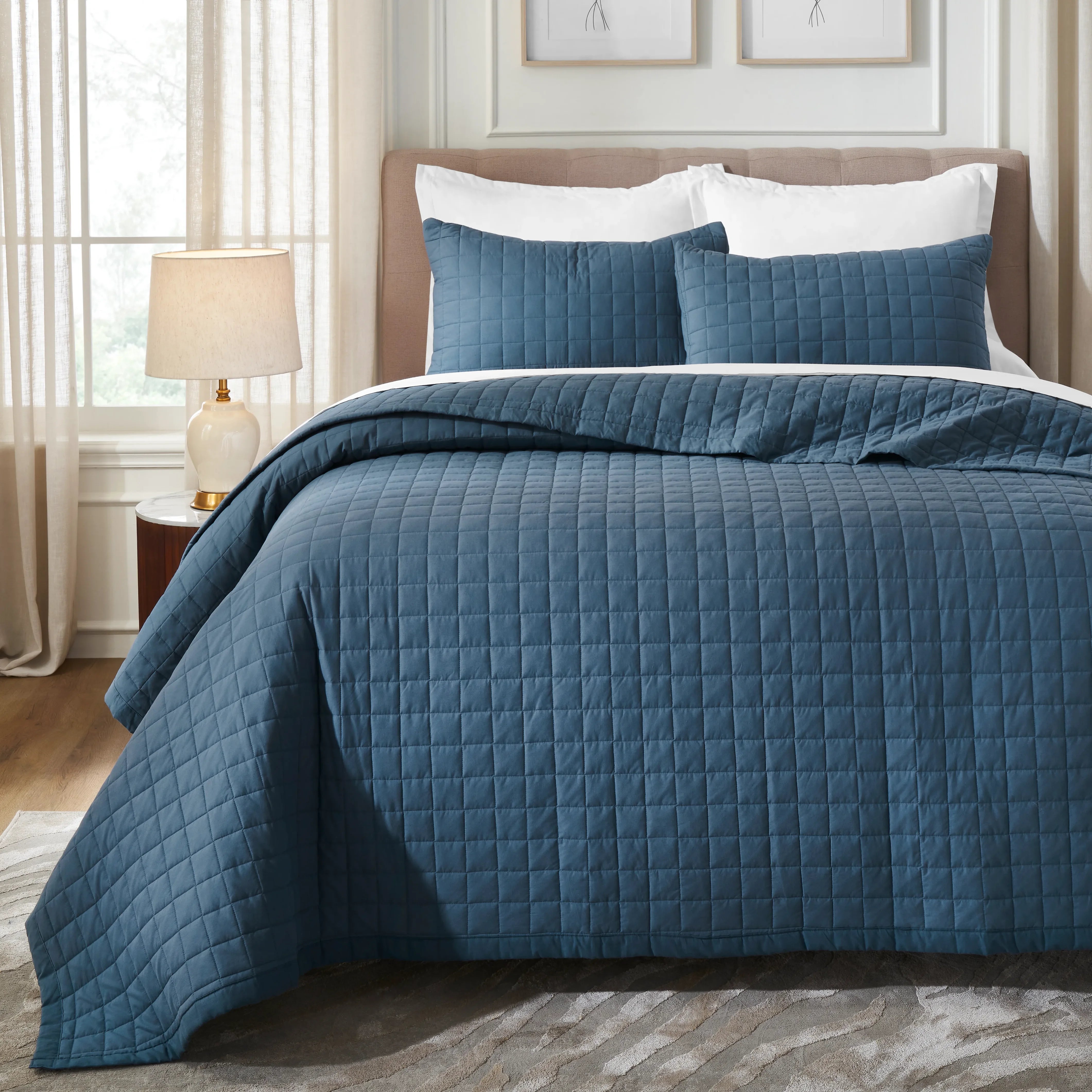 Nuvola | Luxurious Solid Dyed Box Quilted Cotton Bedcover Set Estate Blue
