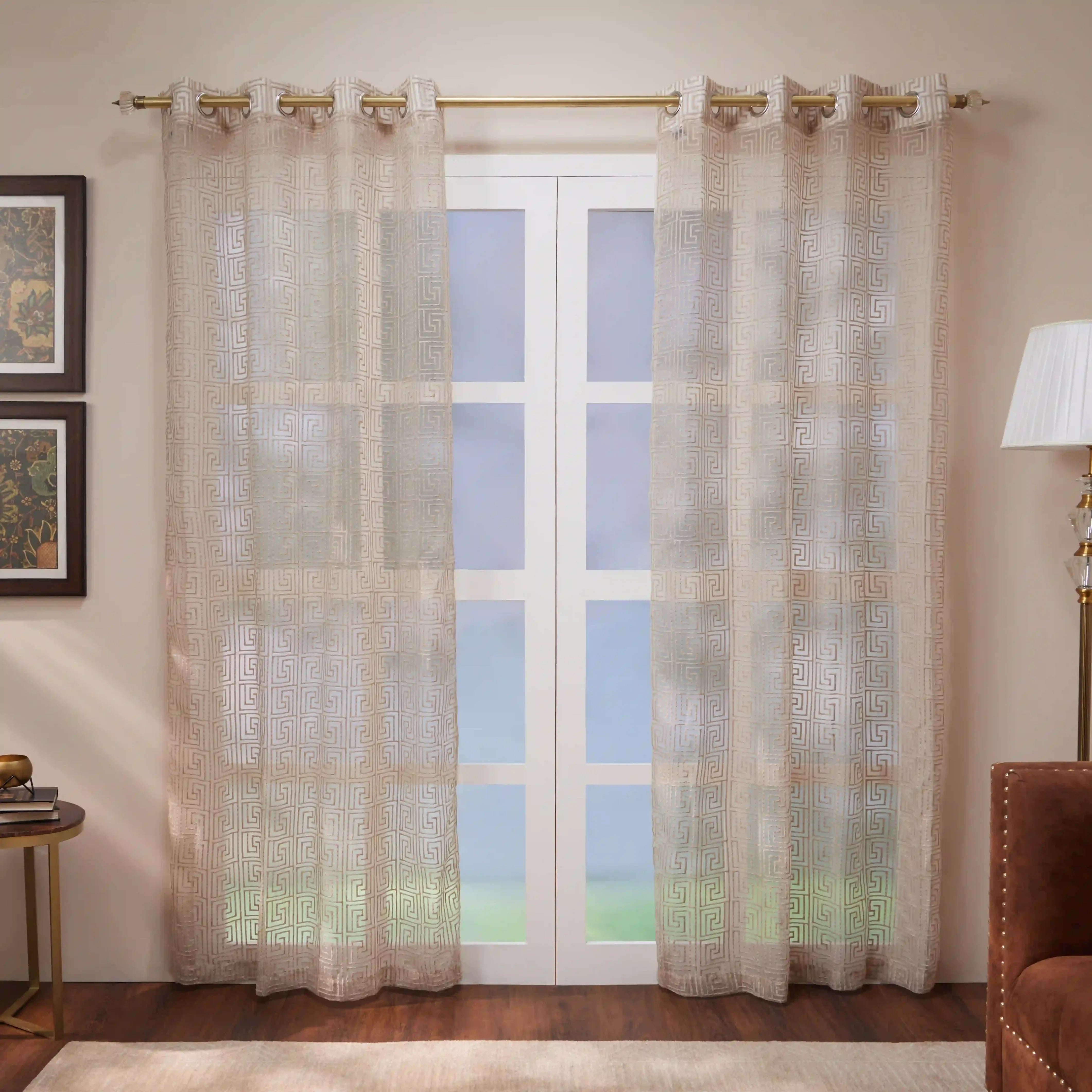 Velina Set Of 2 Embroidered Sheer Readymade Curtains | Modern Maze Mushroom / Door (3.60ft X 7.22ft)