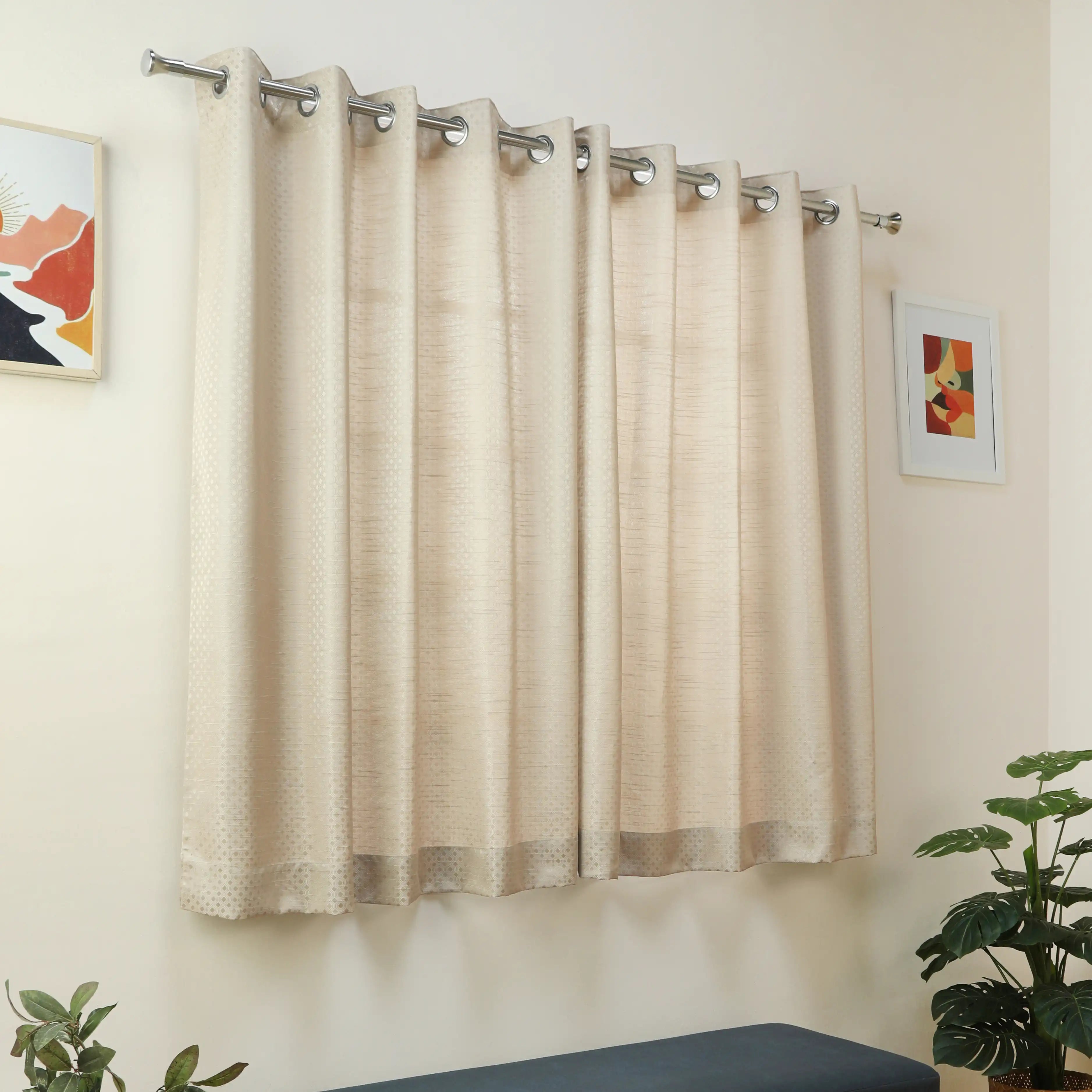 De Jacquard - Classic Set Of 2 Jacquard Readymade Curtains | Wavy Heritage Bone / Window (5ft X 4.4ft)
