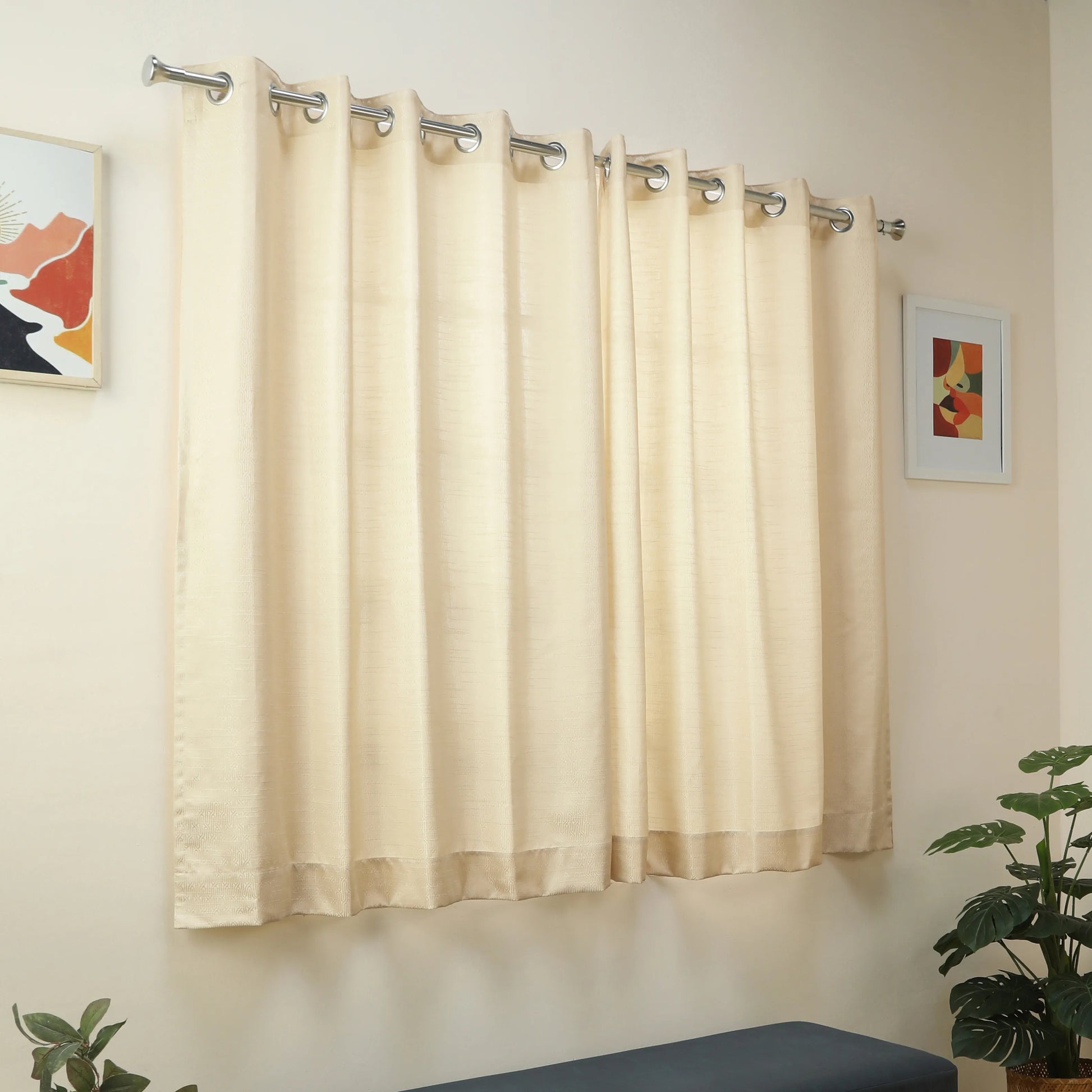 De Jacquard - Classic Set Of 2 Jacquard Readymade Curtains | Layered Lines Champagne / Window (5ft X 4.4ft)