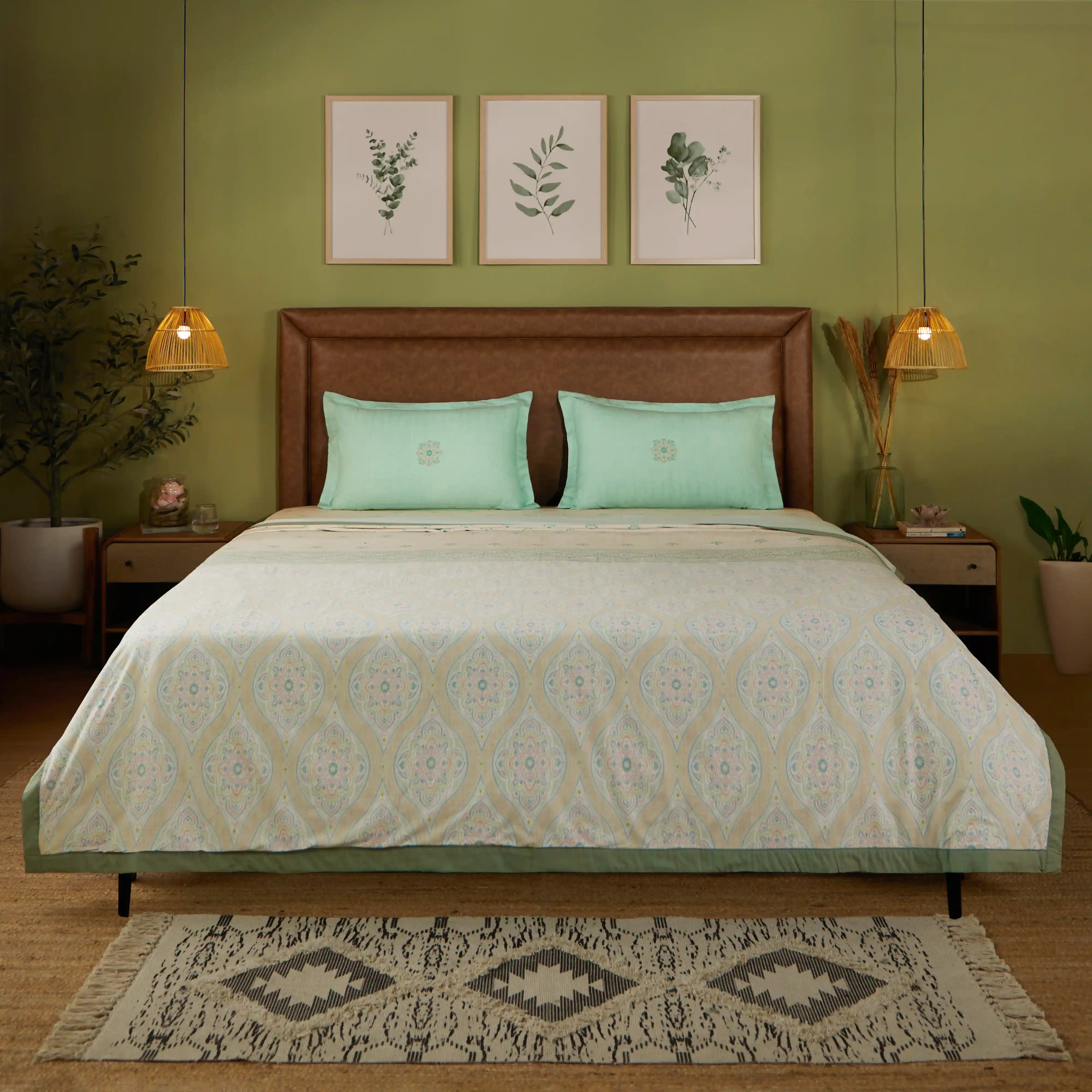 Chippa Lane | Contemporary Indian Print Design Coordinated Bedding Set | Set of Bedsheet & Dohar Sage / Double