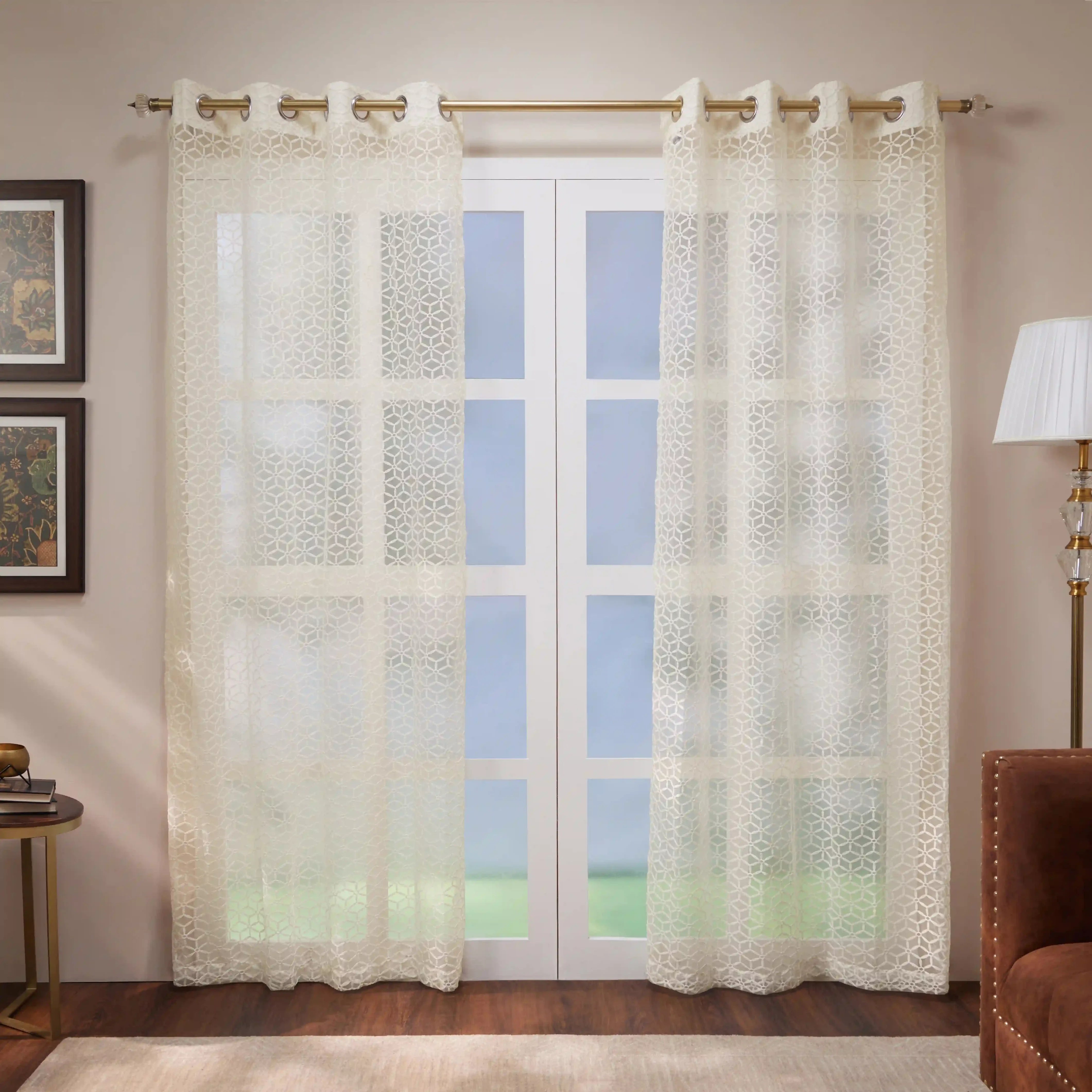 Velina Set Of 2 Embroidered Sheer Readymade Curtains | Whispering Trellis Dove White / Door (3.60ft X 7.22ft)