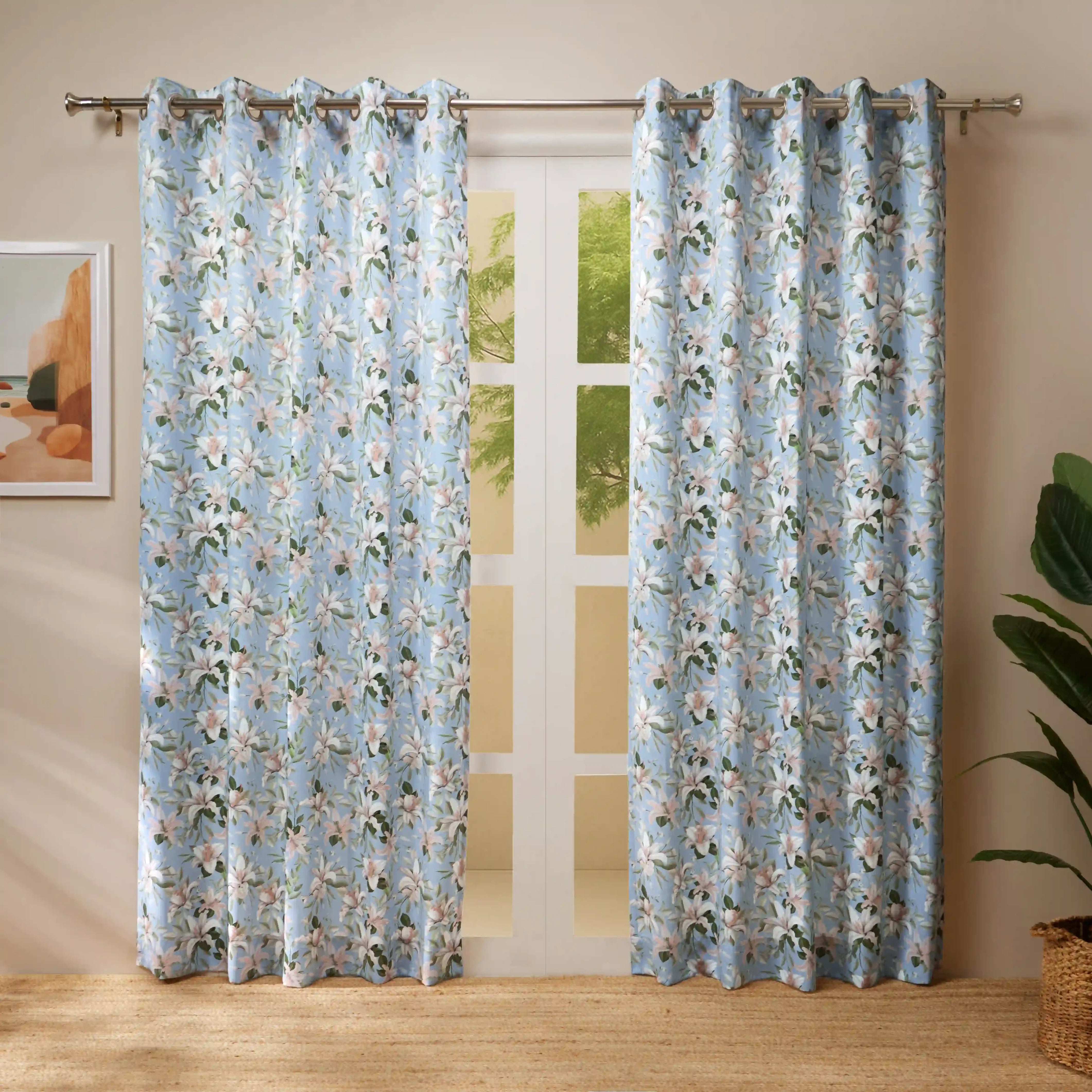 Bloomshire Classic Set Of 2 Printed Readymade Curtains | Tropical Whisper Blue Haze / Door-XL (9ft X 4.4ft)