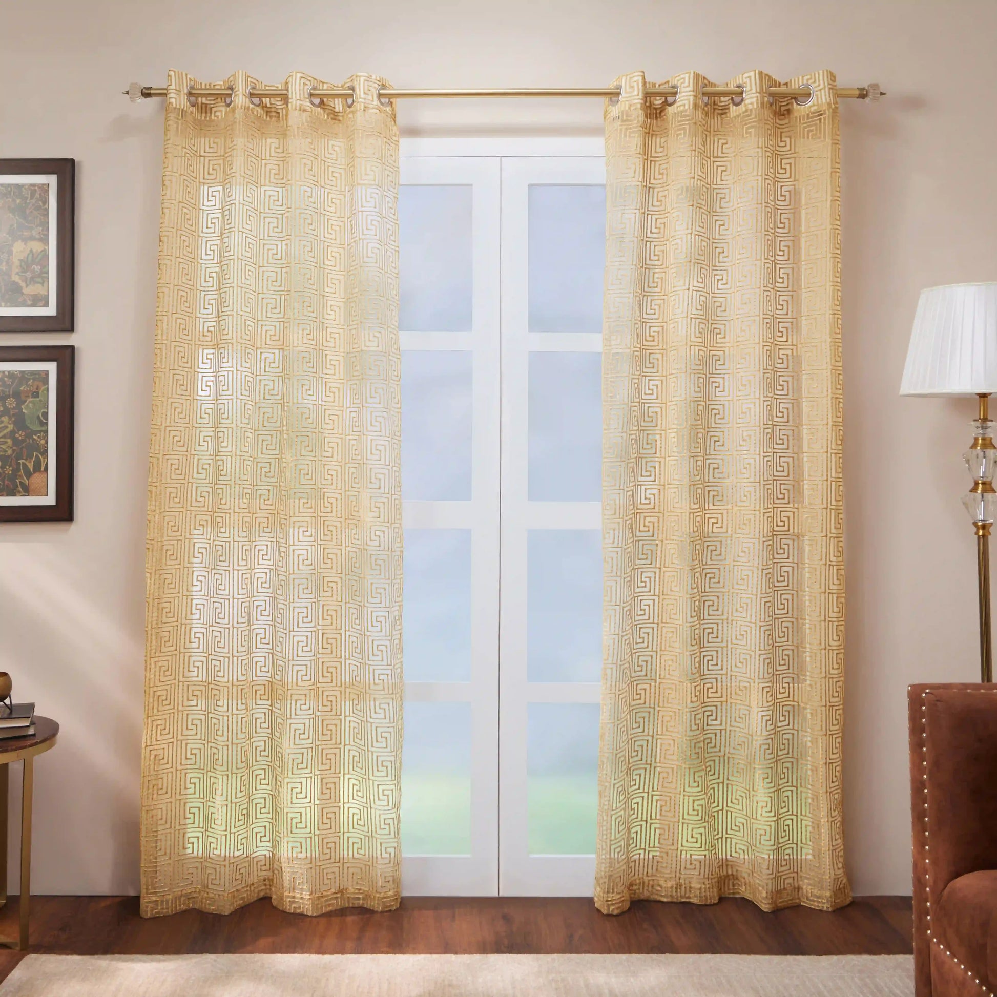Velina Set Of 2 Embroidered Sheer Readymade Curtains | Modern Maze Gold / Door (3.60ft X 7.22ft)