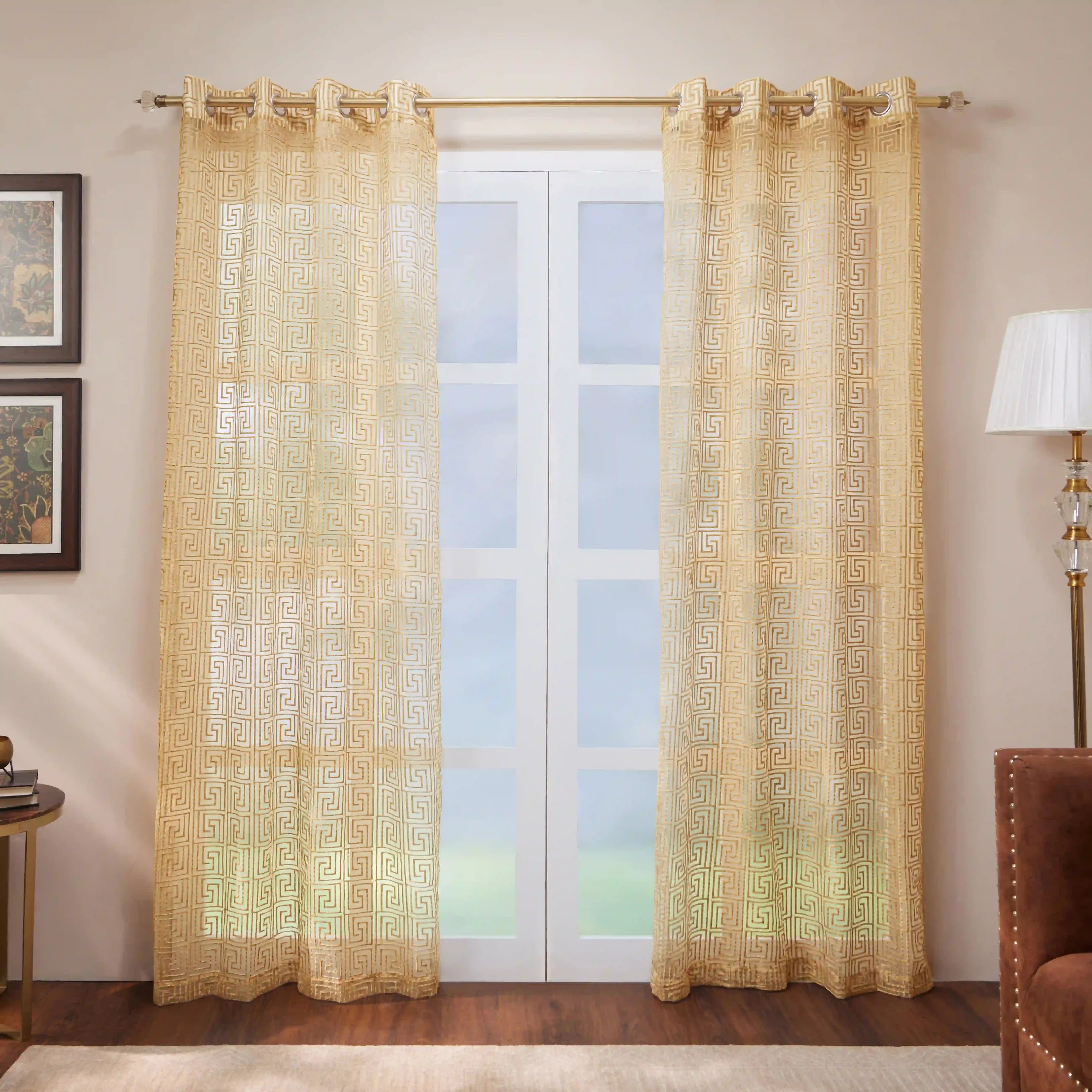 Velina Set Of 2 Embroidered Sheer Readymade Curtains | Modern Maze Gold / Door (3.60ft X 7.22ft)