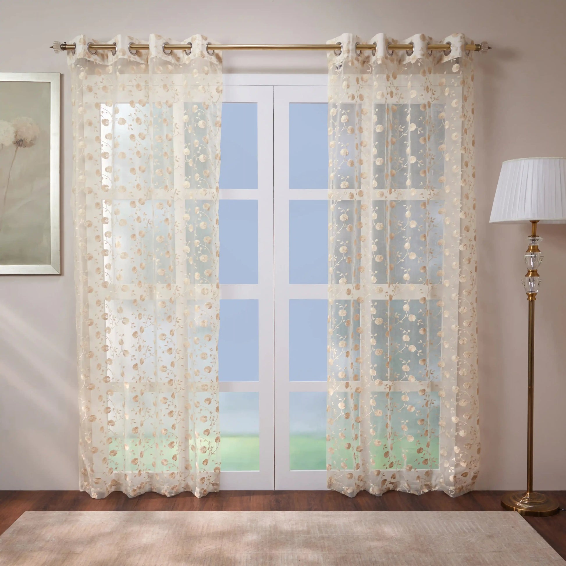 Velina Set Of 2 Embroidered Sheer Readymade Curtains | Vintage Chintz Warm Taupe / Door (3.60ft X 7.22ft)