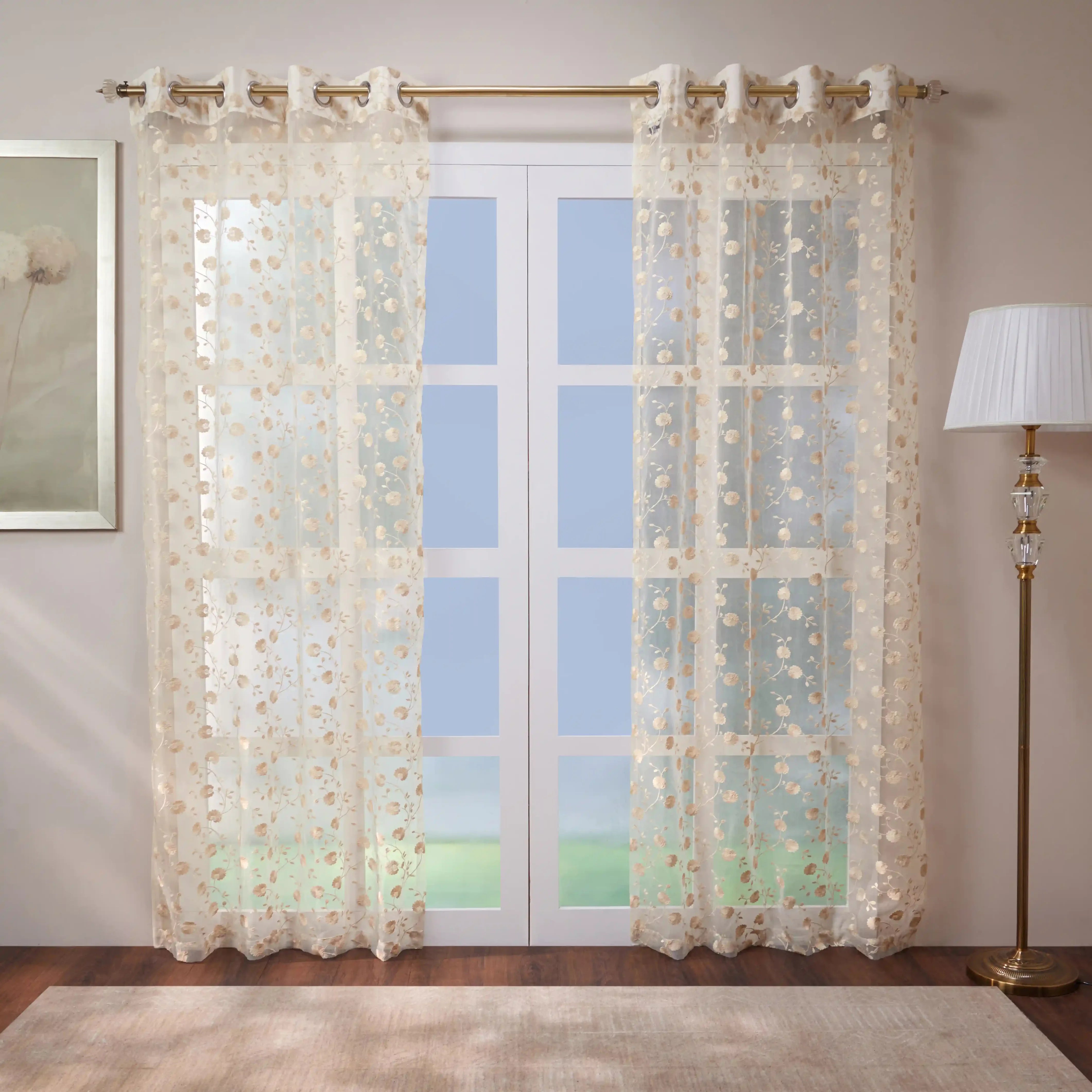 Velina Set Of 2 Embroidered Sheer Readymade Curtains | Vintage Chintz Warm Taupe / Door (3.60ft X 7.22ft)