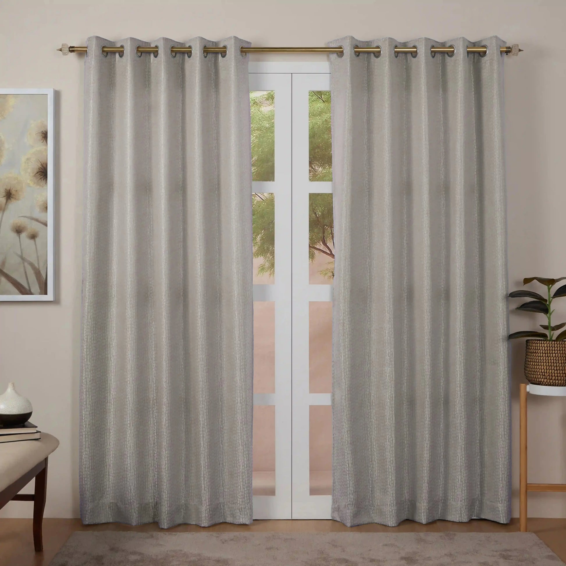 De Jacquard - Luxe Set Of 2 Jacquard Readymade Curtains | Natural Imprint Pebble / Door (7ft X 4.4ft)