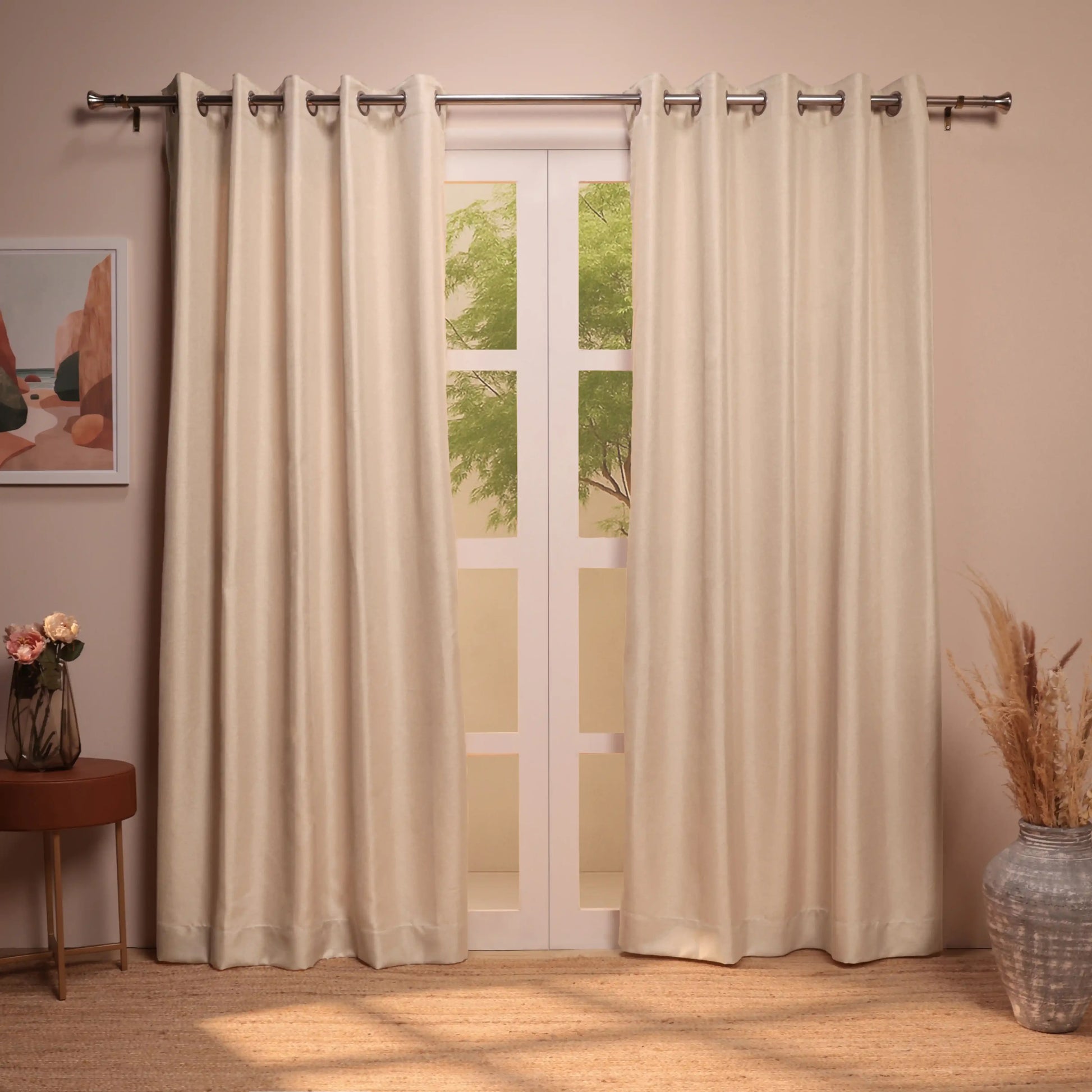 Paleto Set Of 2 Solid Readymade Curtains | Muted Moments Latte / Door (7ft X 4.4ft)