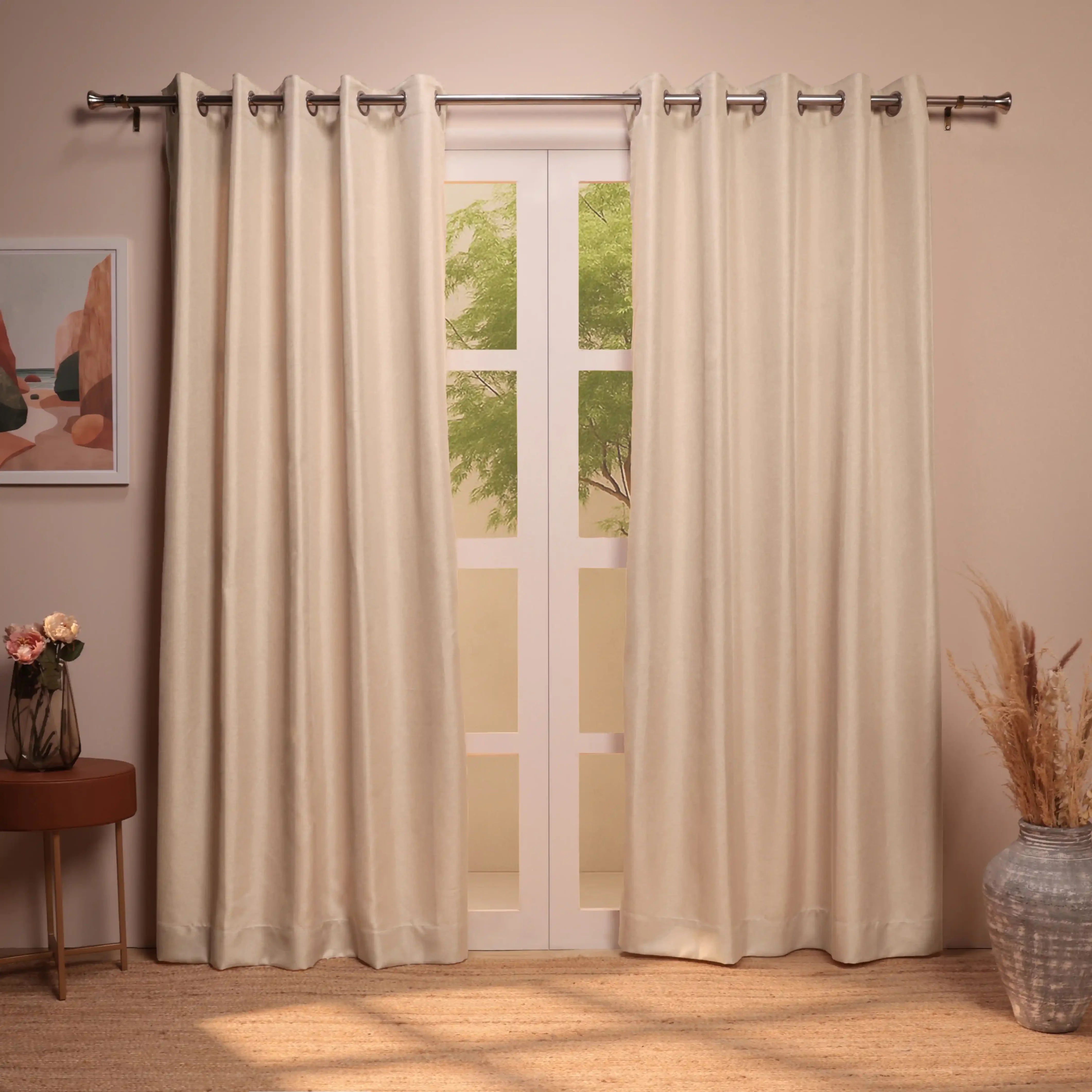 Paleto Set Of 2 Solid Readymade Curtains | Muted Moments Latte / Door (7ft X 4.4ft)