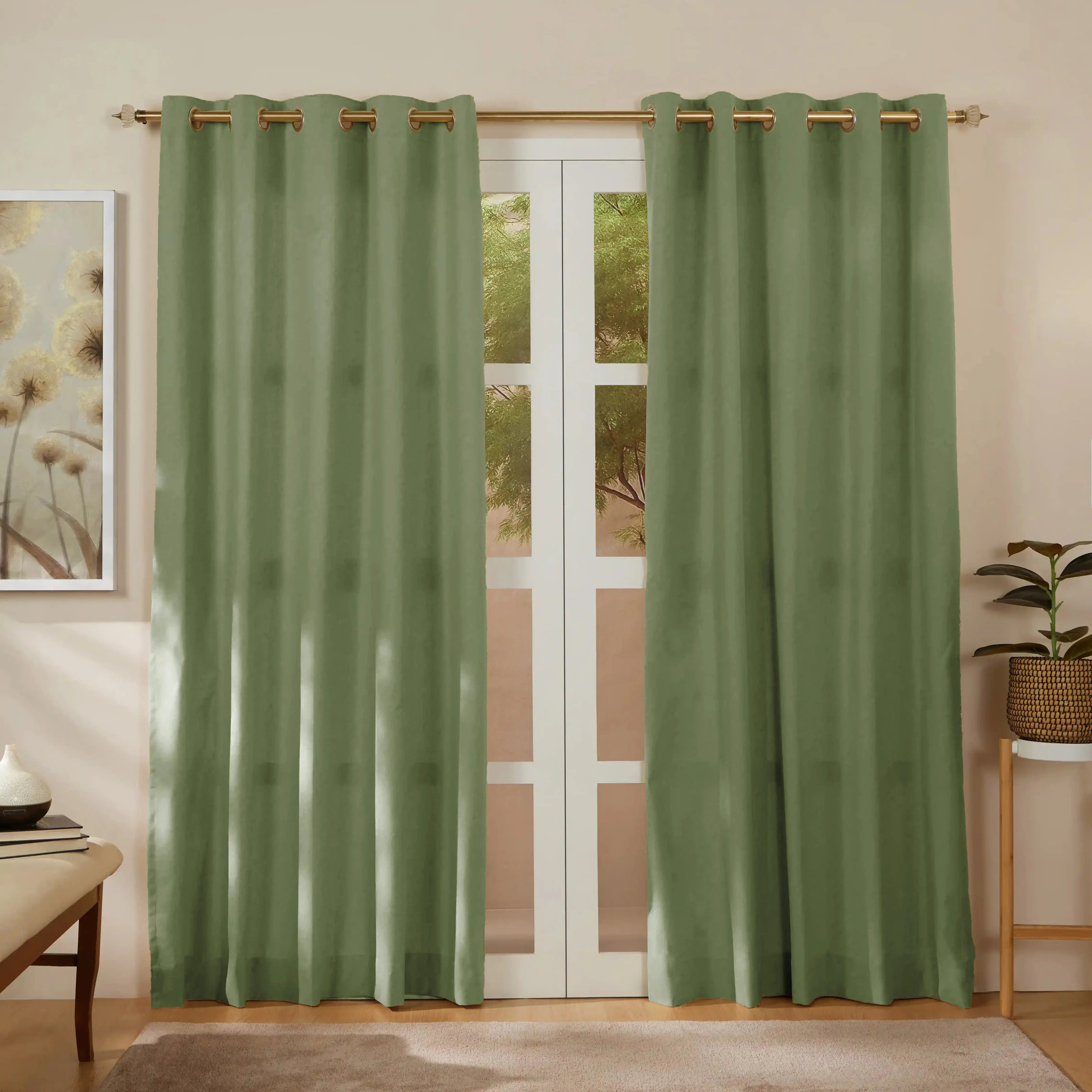 Pelushe Set Of 2 100% Cotton Solid Readymade Curtains | Everyday Hues Soft Moss / Door-XL (9ft X 4.4ft)