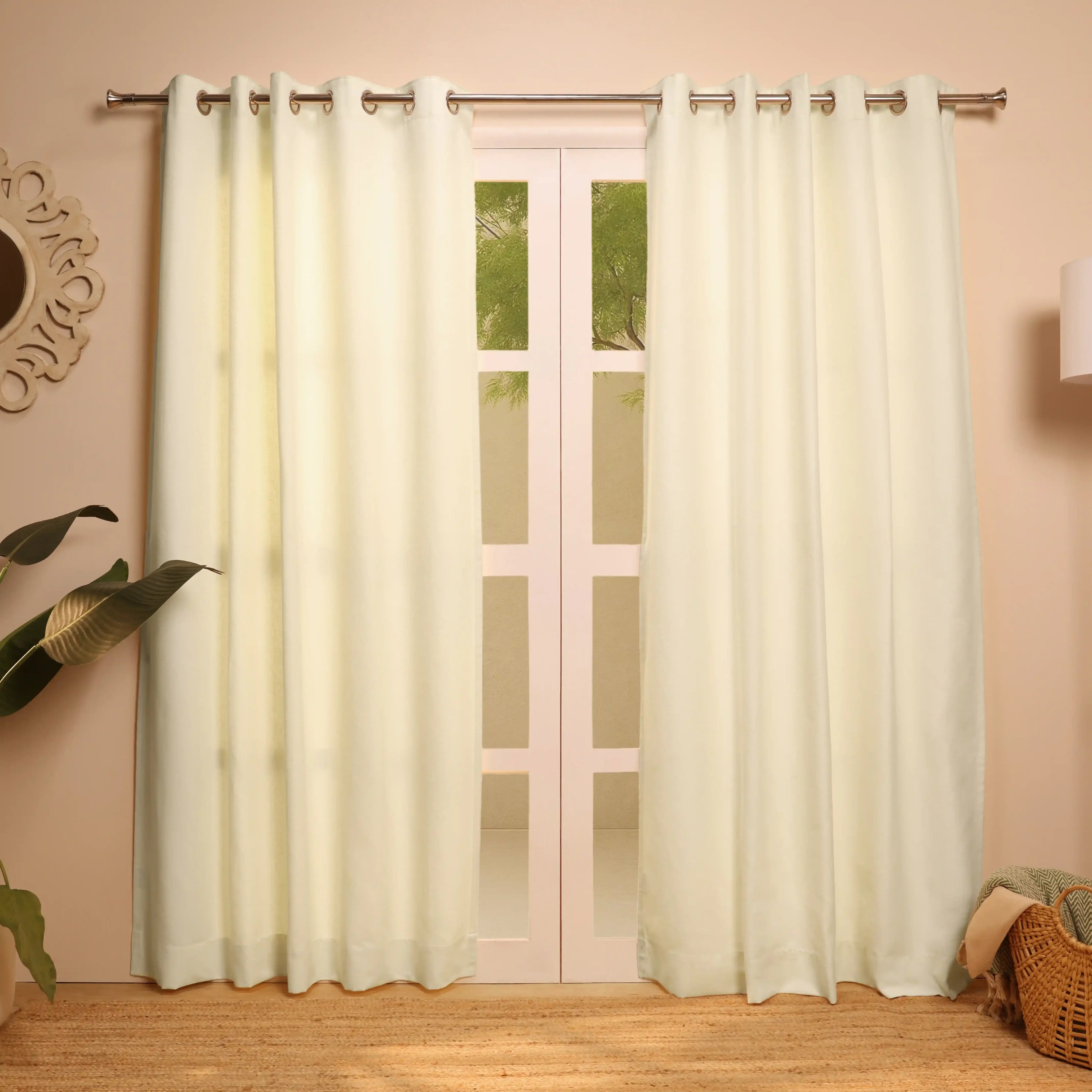 Paleto Set Of 2 Solid Readymade Curtains | Woven Calm Pale Whisper / Door (7ft X 4.4ft)
