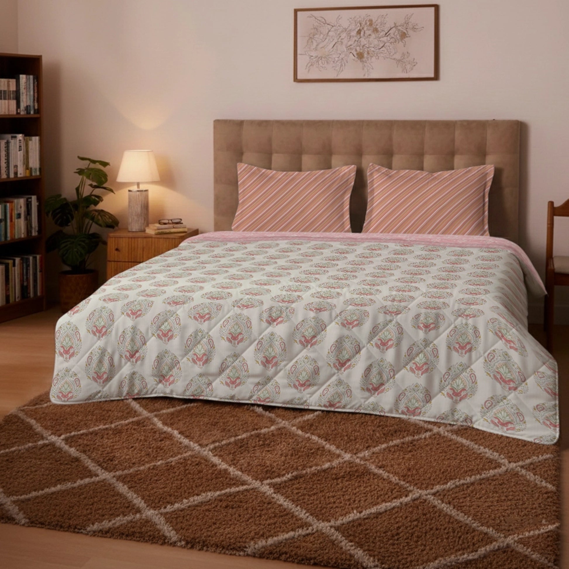 Udyan Tales | Contemporary Indian Printed 300 GSM Extra Warm Premium Comforter - Soft Coral Soft Coral / King