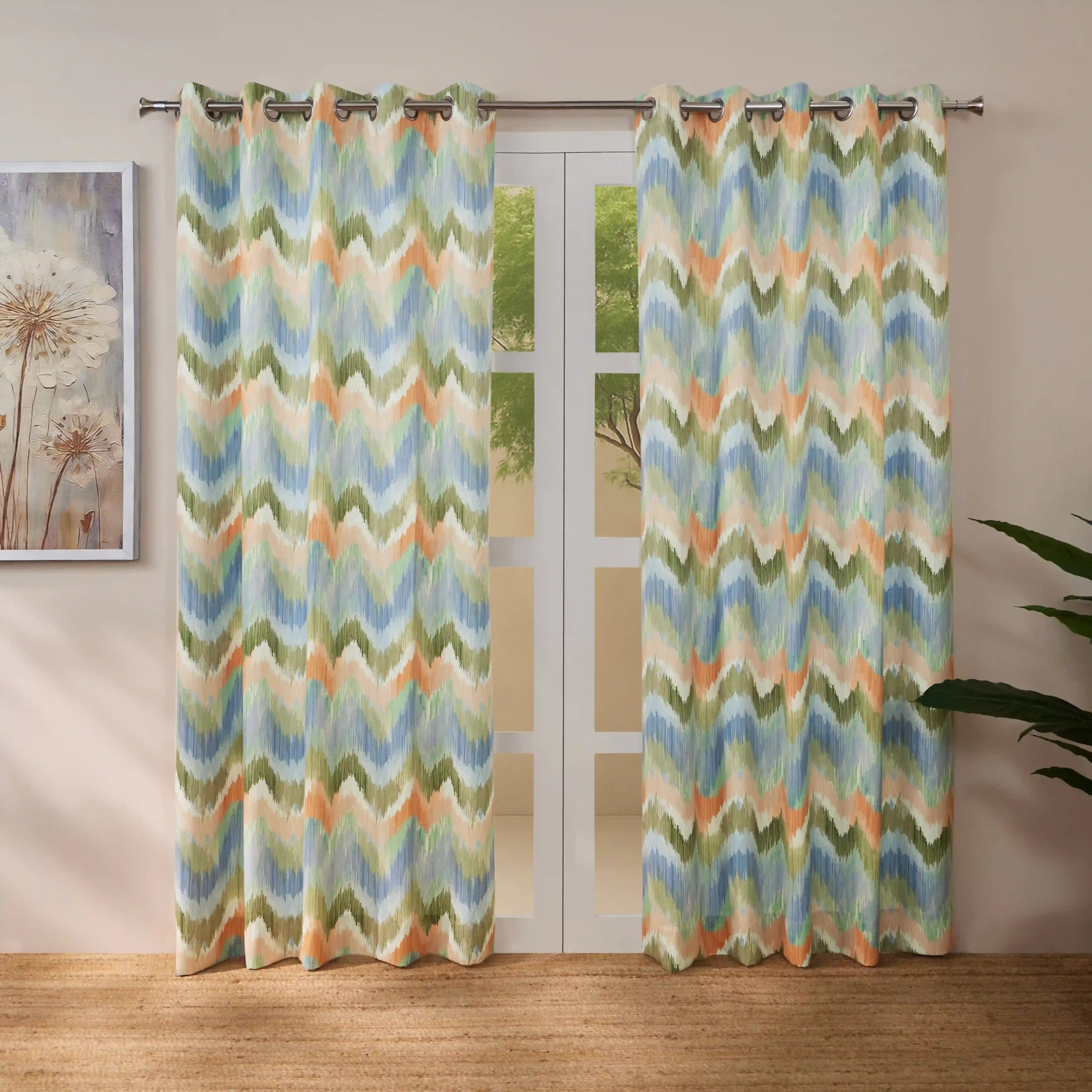Bloomshire Classic Set Of 2 Printed Readymade Curtains | Modern Ikat Indigo / Door-XL (9ft X 4.4ft)