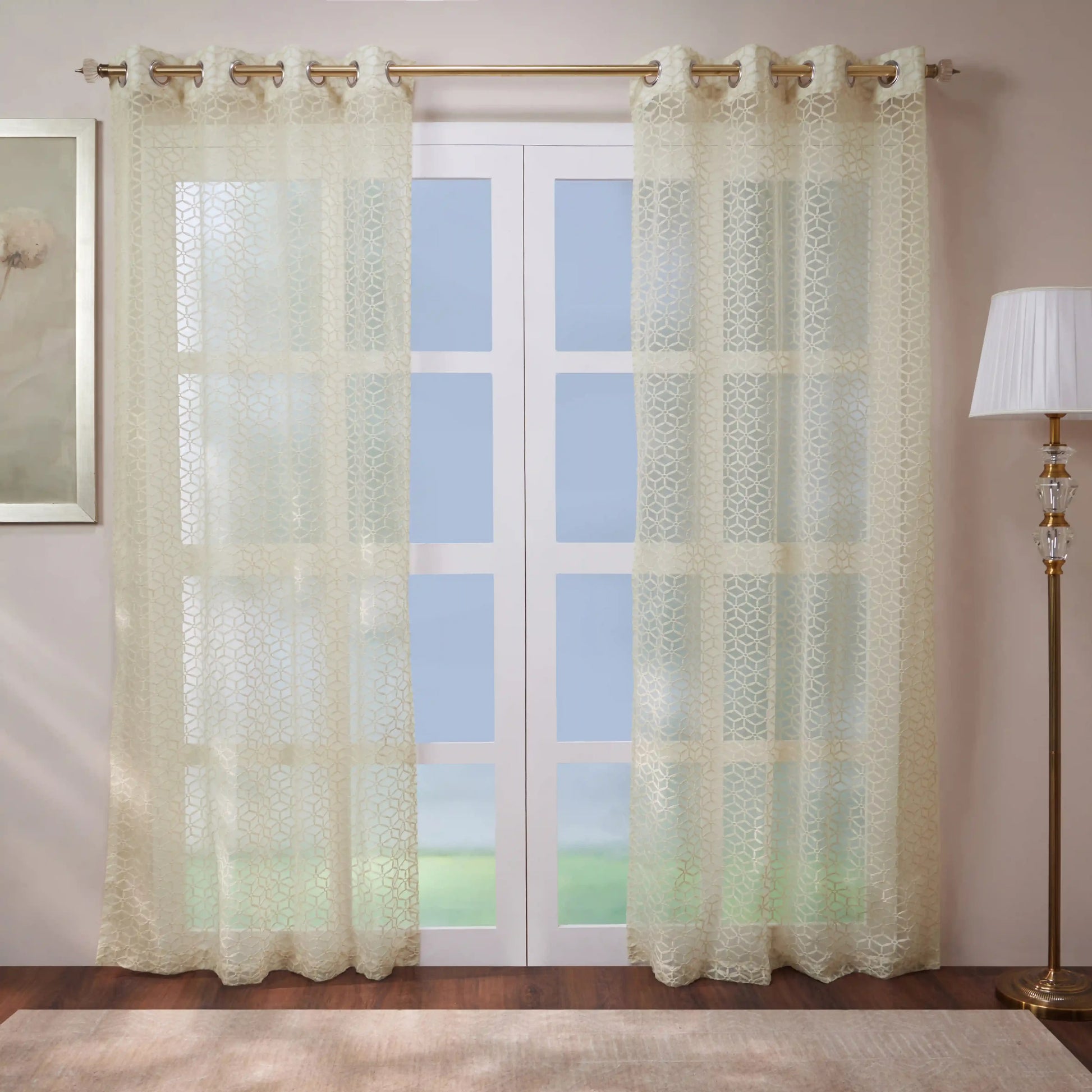 Velina Set Of 2 Embroidered Sheer Readymade Curtains | Whispering Trellis Soft Khaki / Door (3.60ft X 7.22ft)
