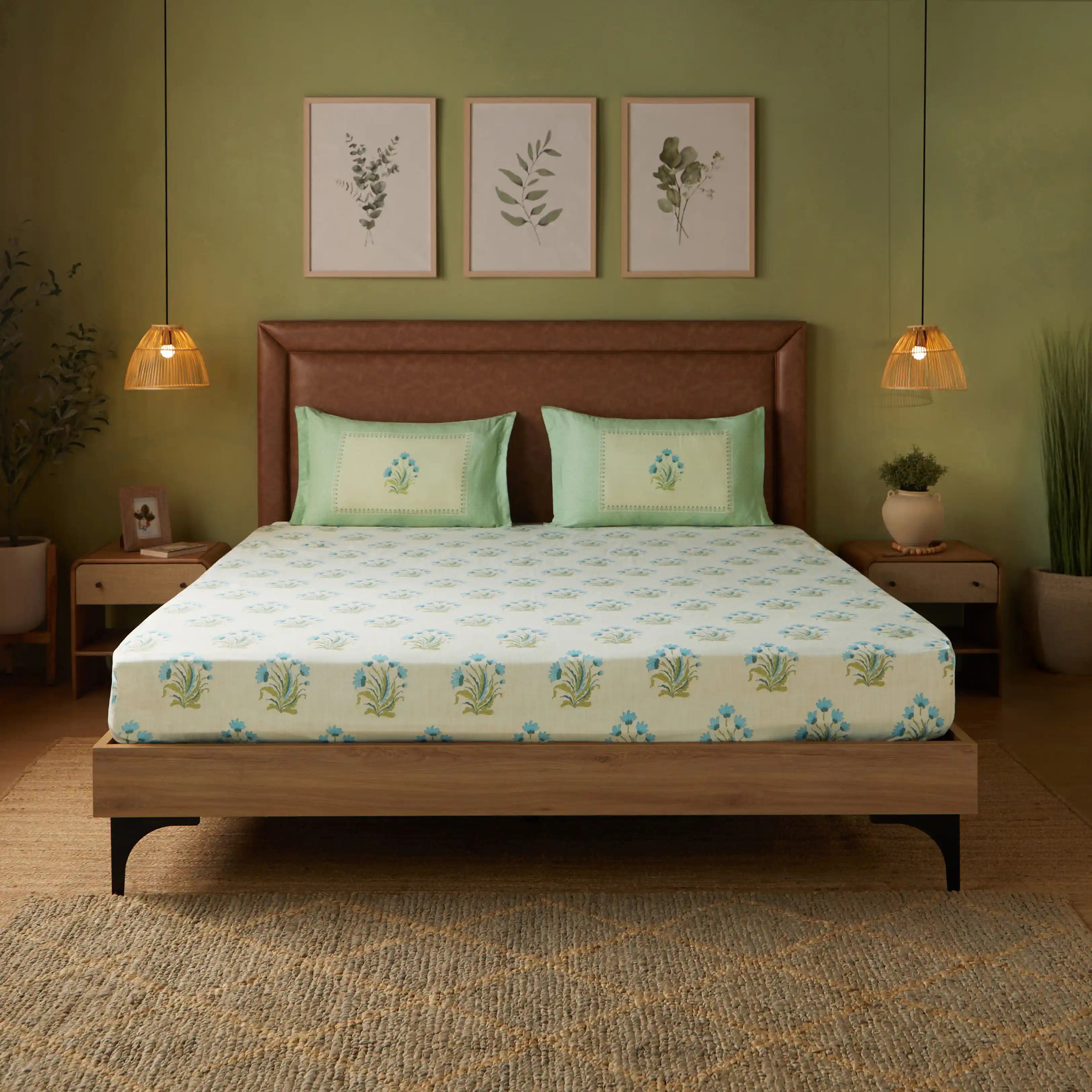 Chippa Lane | Contemporary Indian Print Design Cotton Fitted Sheet Set-Indian Sage Indian Sage / Queen