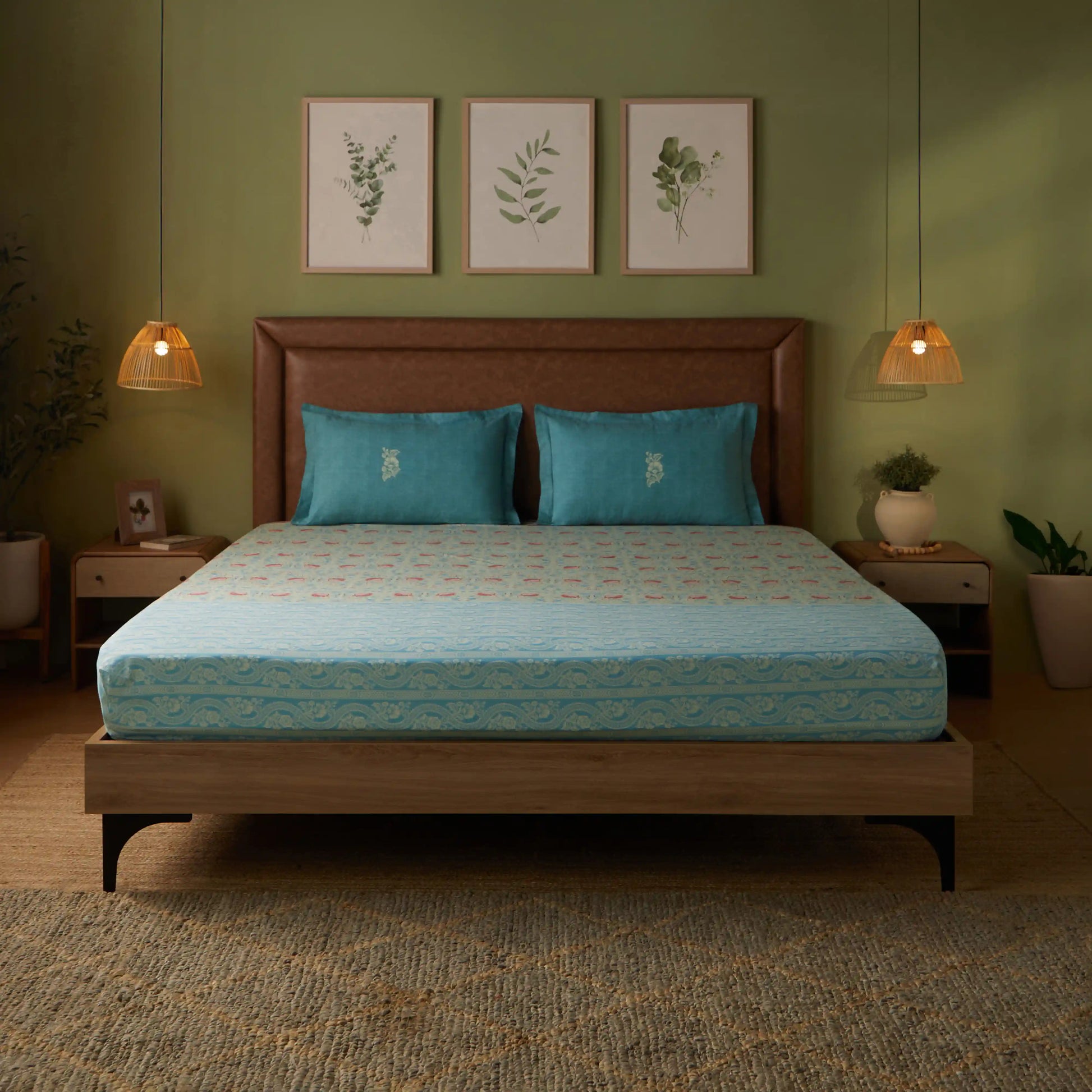 Chippa Lane | Contemporary Indian Print Design Cotton Bedsheet Set-Light Blue Light Blue / Double
