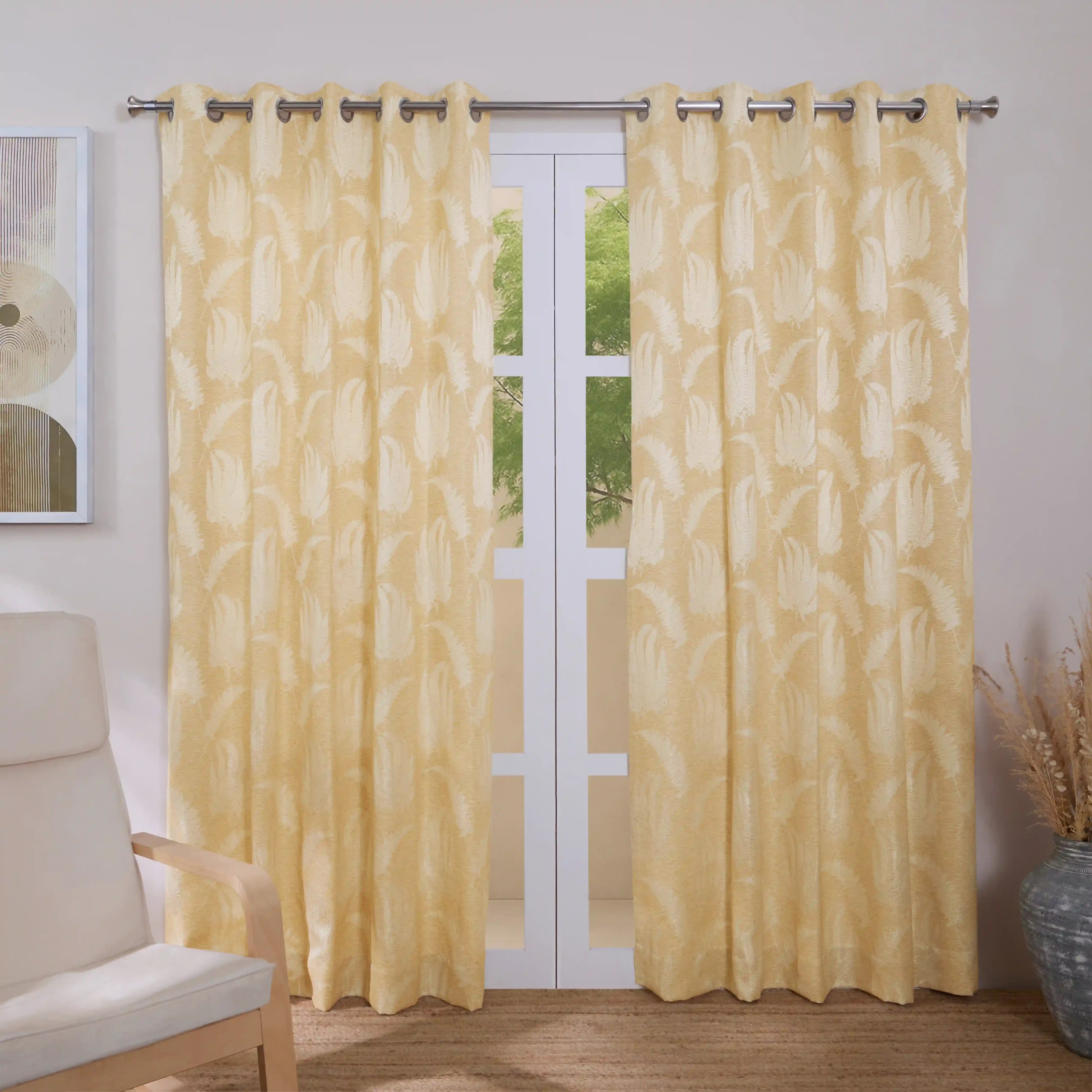 De Jacquard - Classic Set Of 2 Jacquard Readymade Curtains | Tropical Whisper Caramel / Door (7ft X 4.4ft)