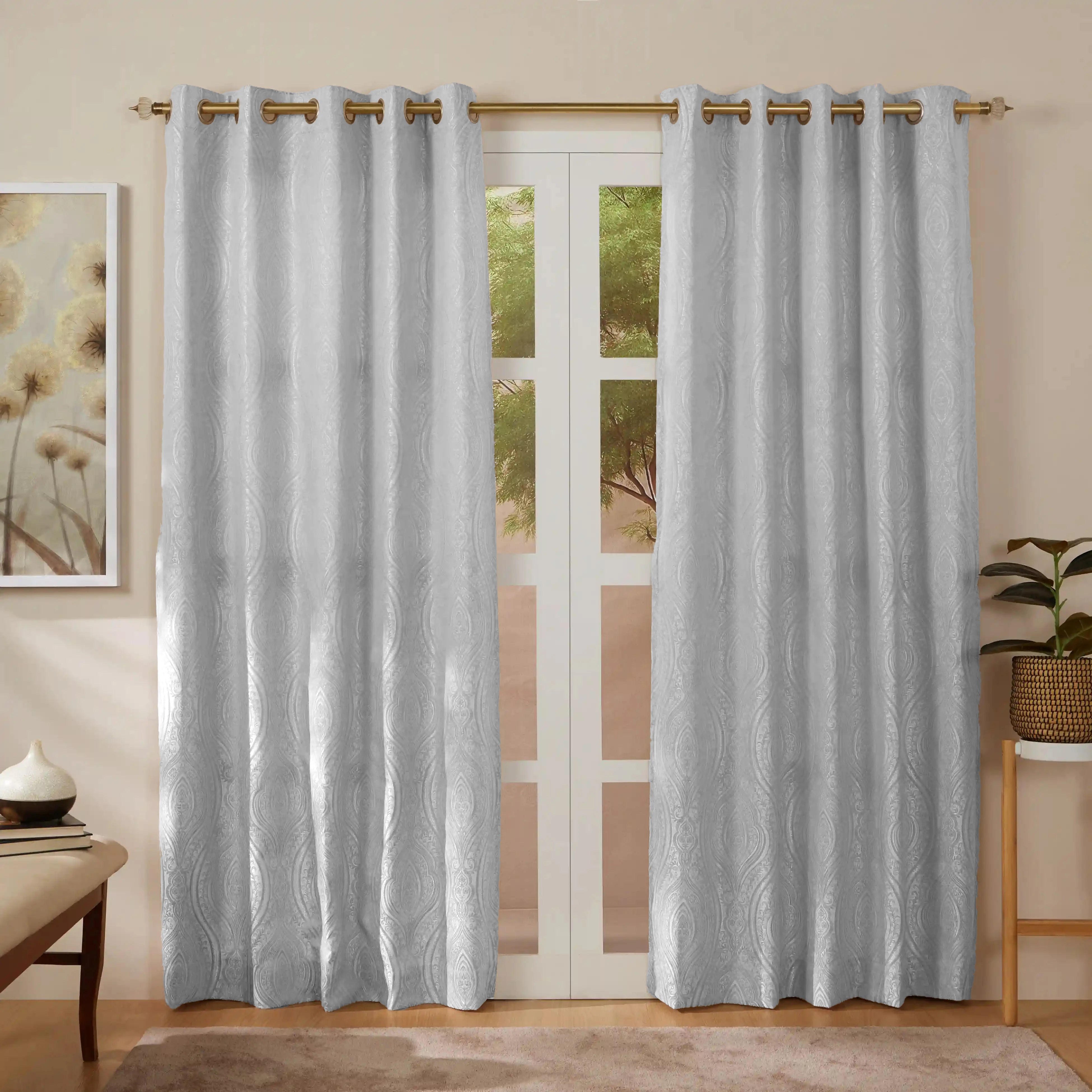 De Jacquard - Luxe Set Of 2 Jacquard Readymade Curtains | Royal Mirage Silver / Door (7ft X 4.4ft)