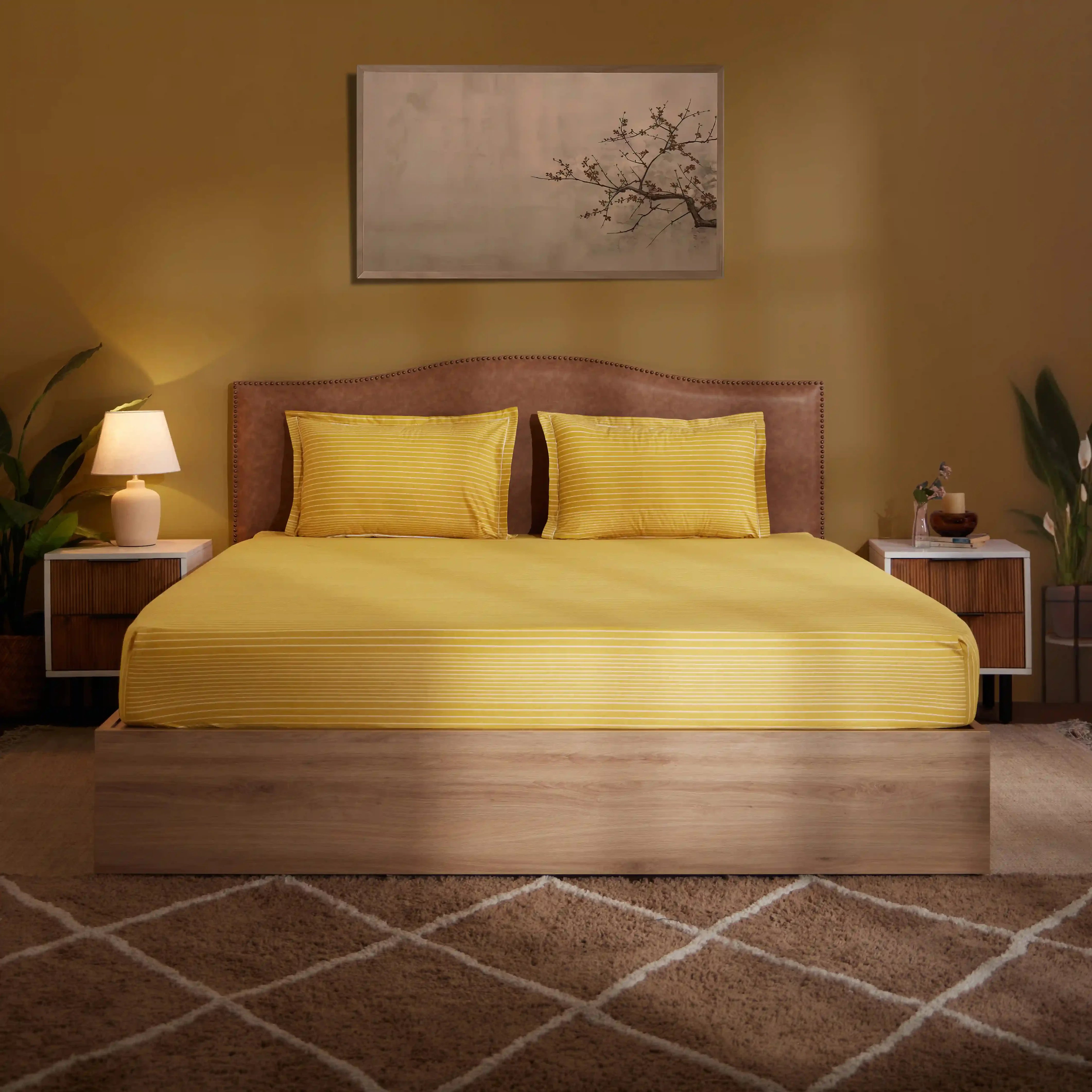 Threadscapes Printed Fitted Sheet Set-Mustard Mustard / King