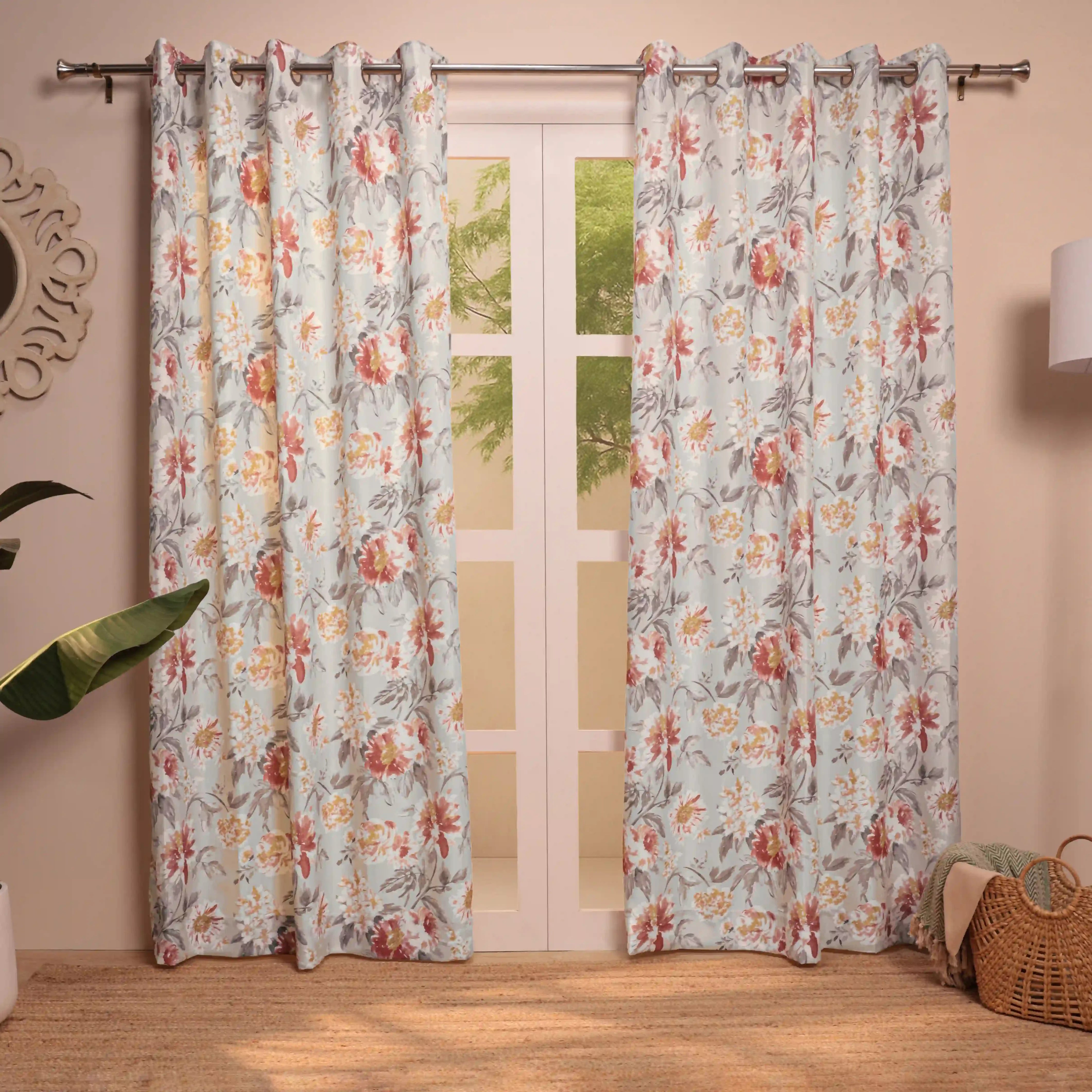 Chippa Lane Set Of 2 Printed Readymade Curtains | Floral Mist Steel / Door-XL (9ft X 4.4ft)