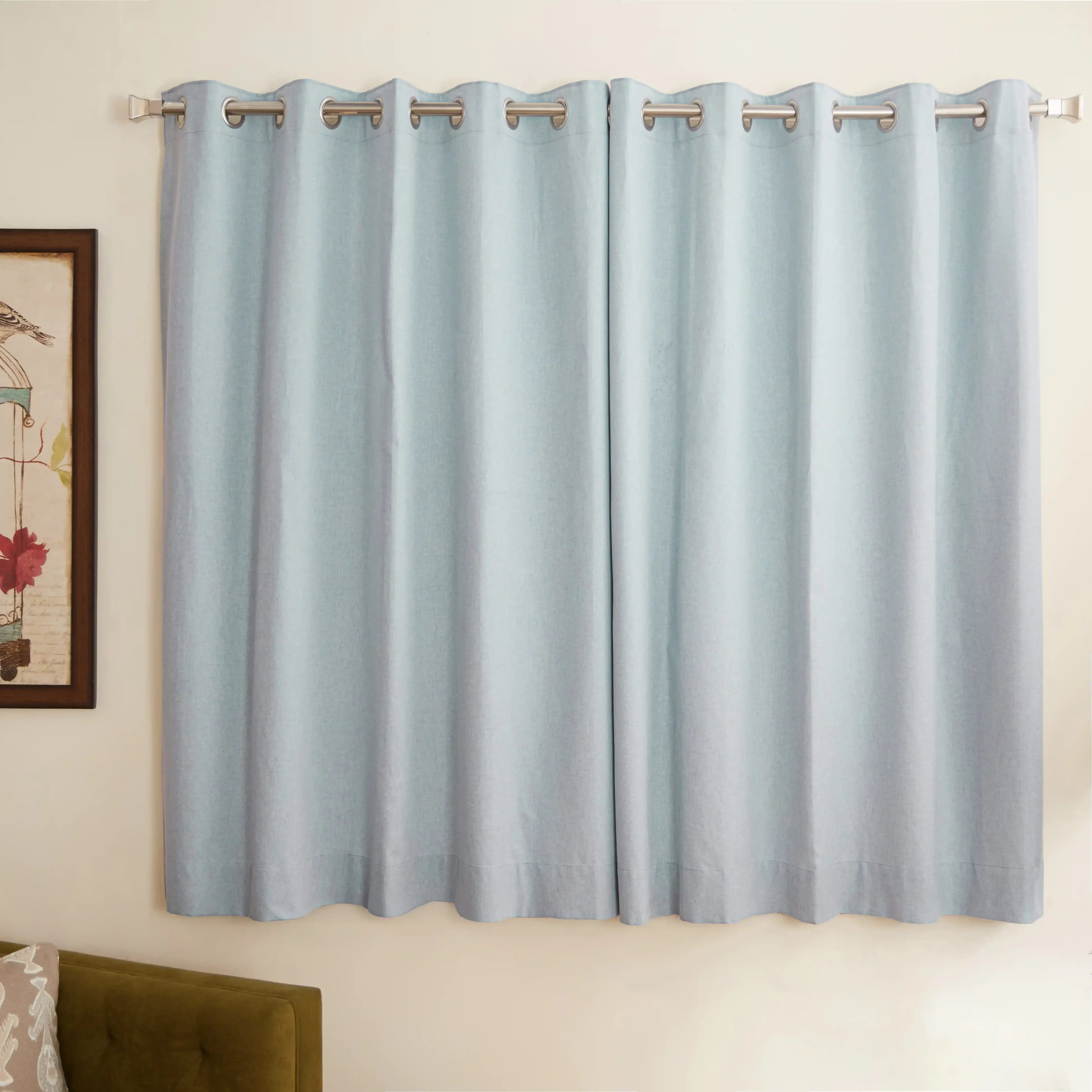 Pelushe Set Of 2 100% Cotton Solid Readymade Curtains | Everyday Hues Blue Haze / Window (5ft X 4.4ft)