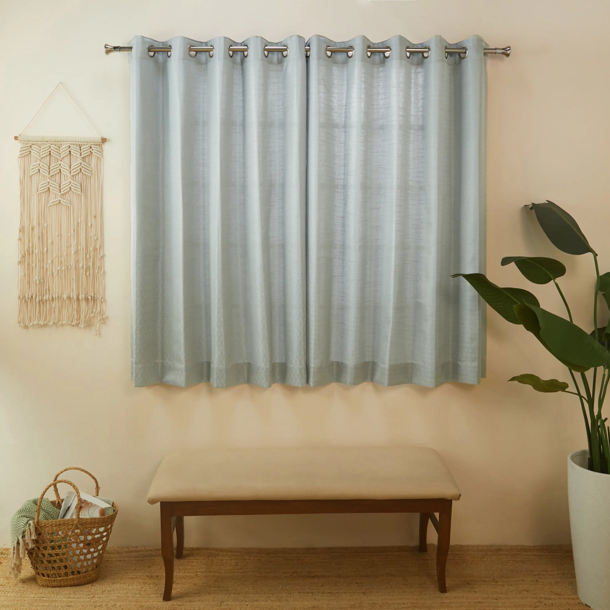 De Jacquard - Classic Set Of 2 Jacquard Readymade Curtains | Layered Lines Steel / Window (5ft X 4.4ft)