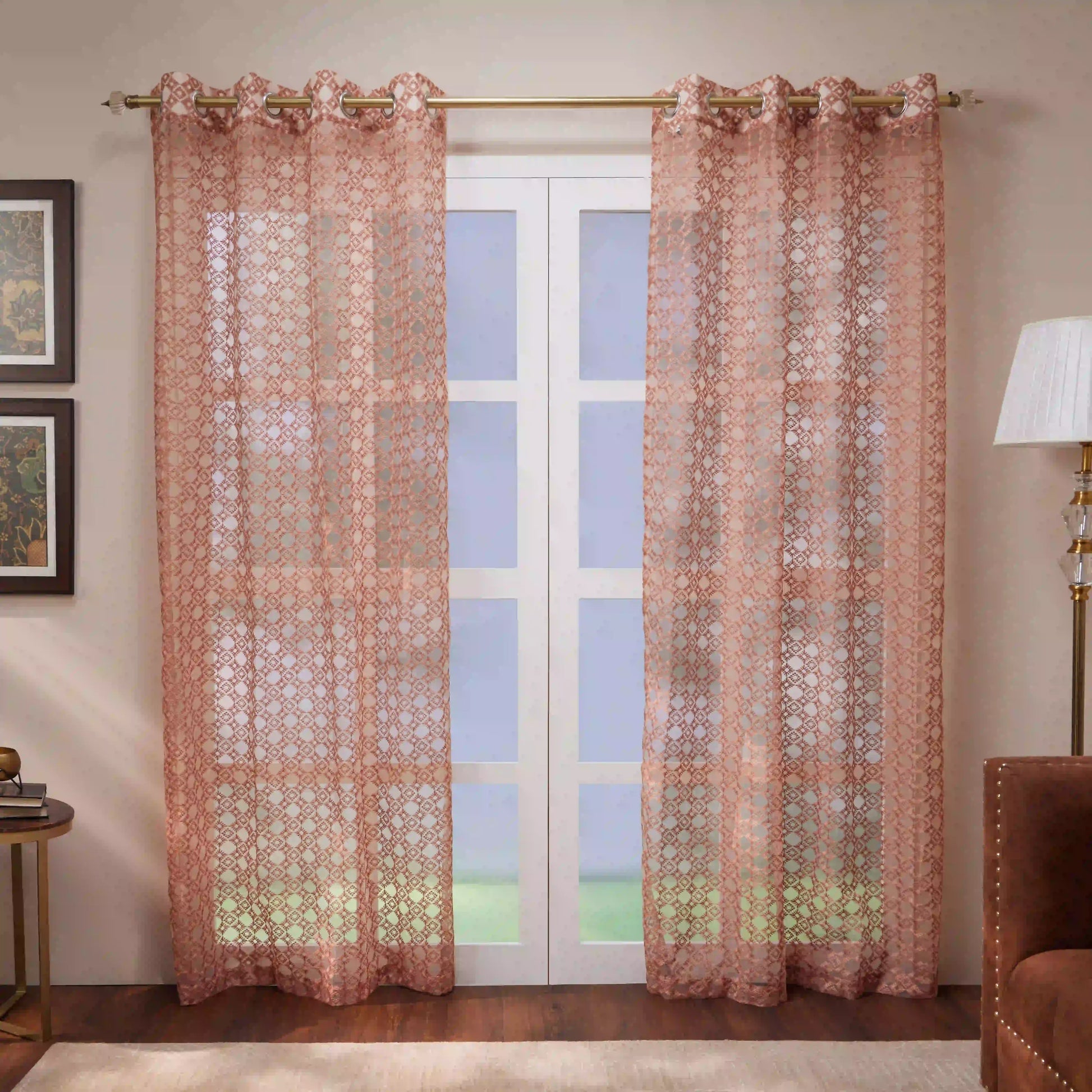 Velina Set Of 2 Embroidered Sheer Readymade Curtains | Modern Heritage Rosy Mist / Door (3.60ft X 7.22ft)