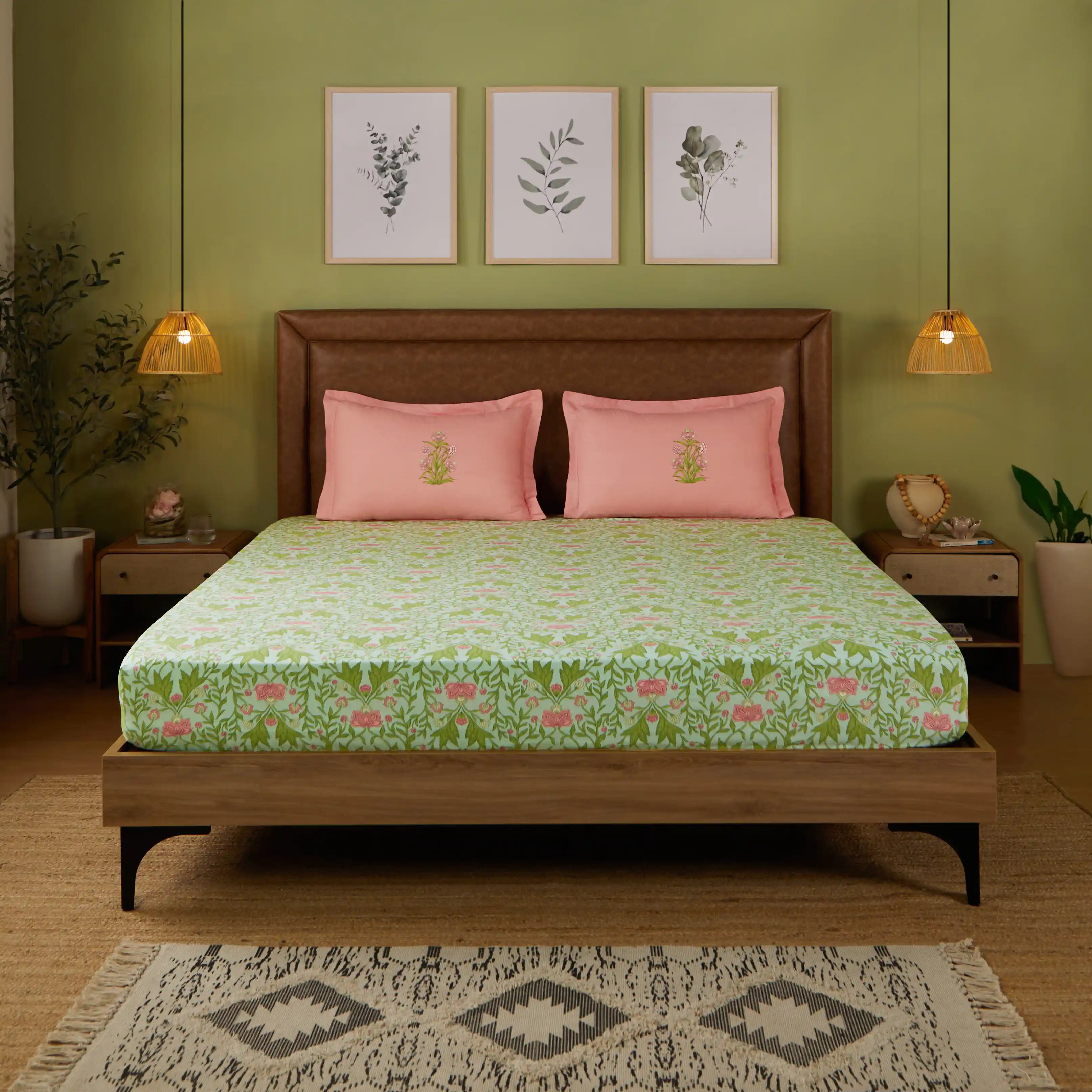Chippa Lane | Contemporary Indian Print Design Cotton Fitted Sheet Set-Sage Mint Sage Mint / Queen