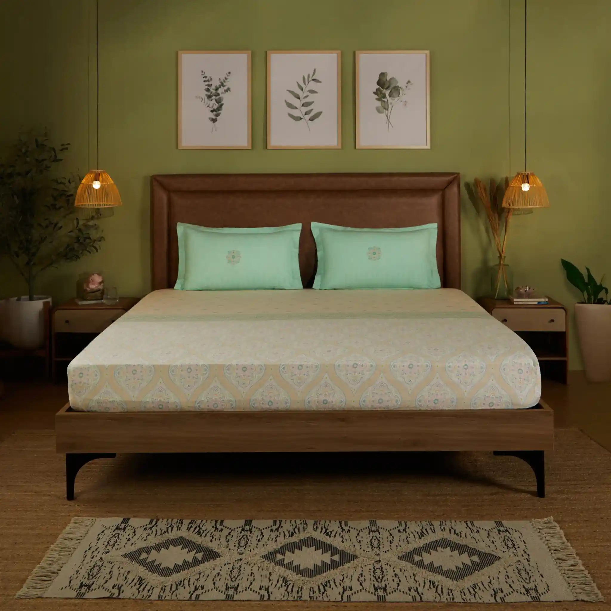 Chippa Lane | Contemporary Indian Print Design Cotton Bedsheet Set Sage / Super King